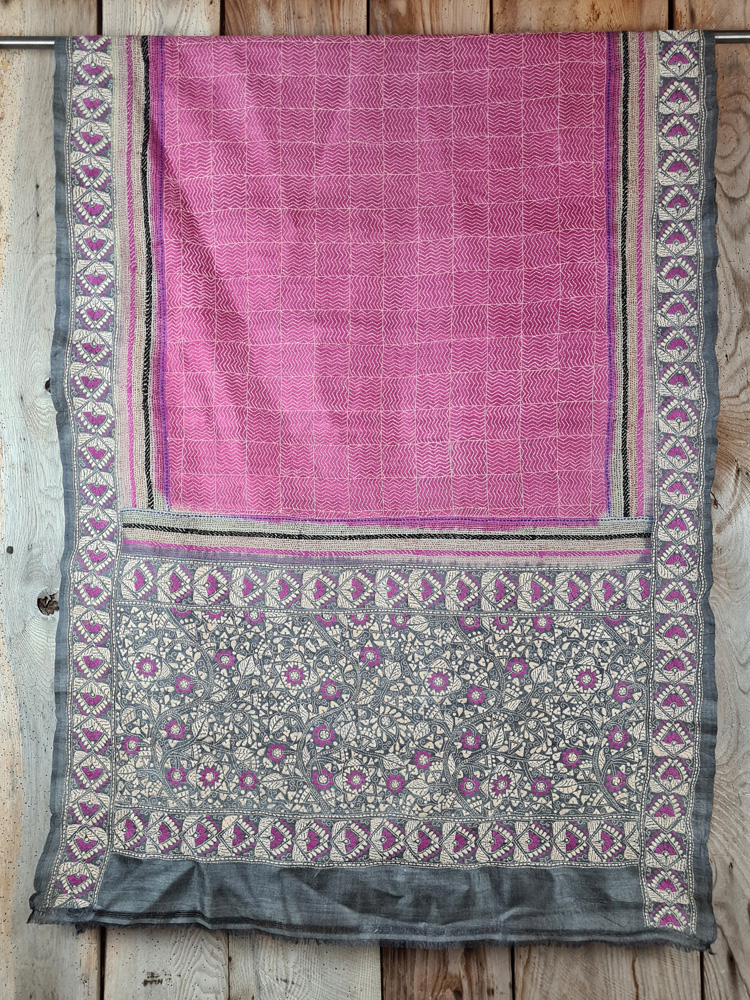 A tussar silk scarf/shawl hand-embroidered with traditional motifs by a NGO in West Bengal