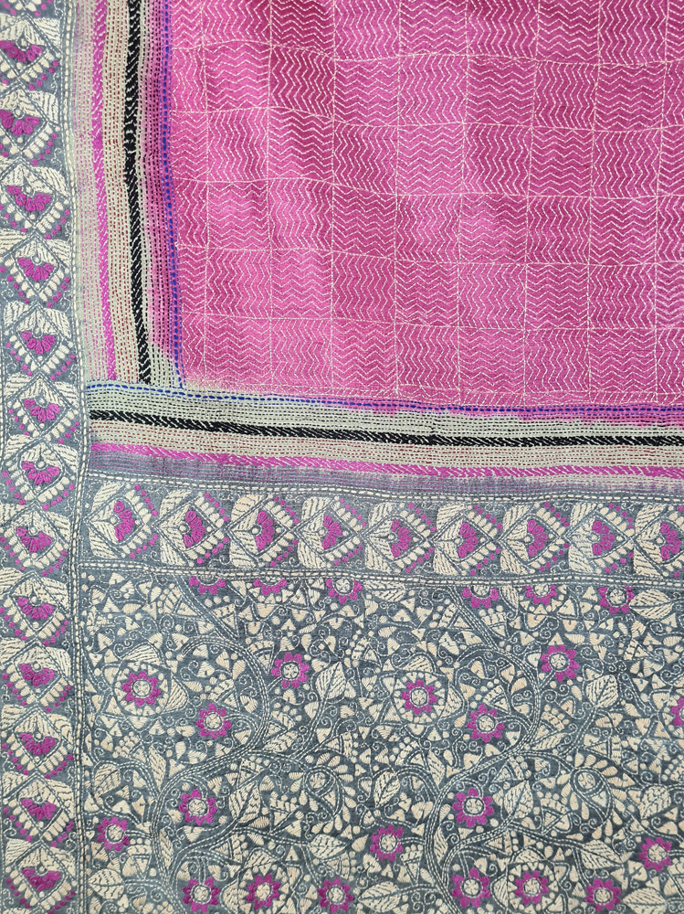 A tussar silk scarf/shawl hand-embroidered with traditional motifs by a NGO in West Bengal