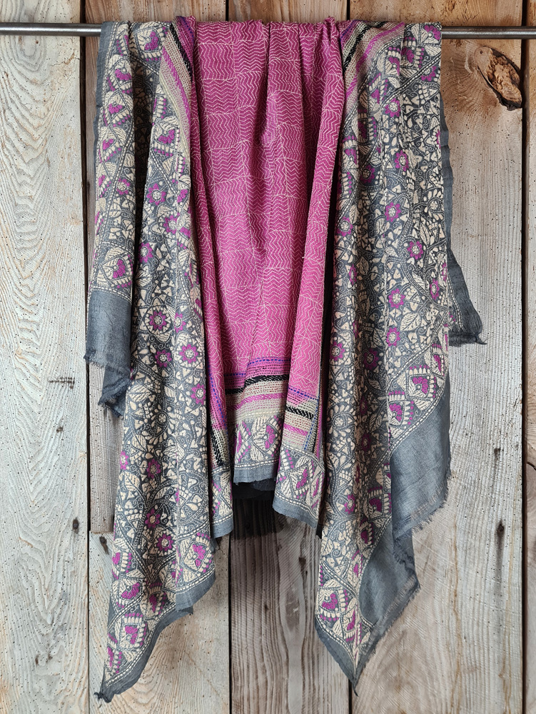 A tussar silk scarf/shawl hand-embroidered with traditional motifs by a NGO in West Bengal