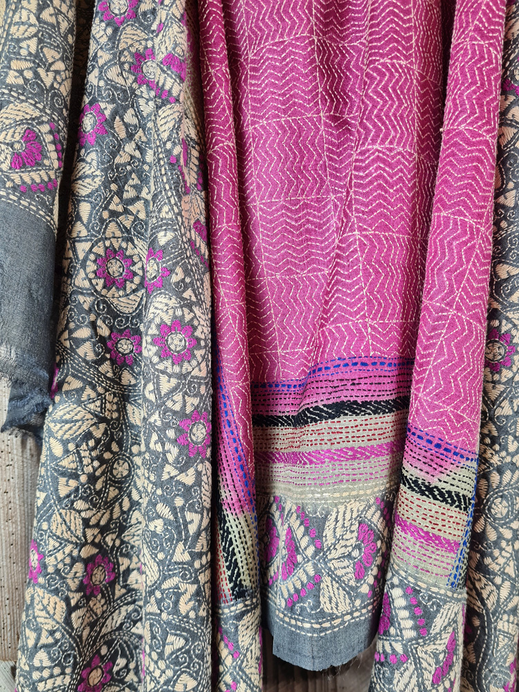 A tussar silk scarf/shawl hand-embroidered with traditional motifs by a NGO in West Bengal