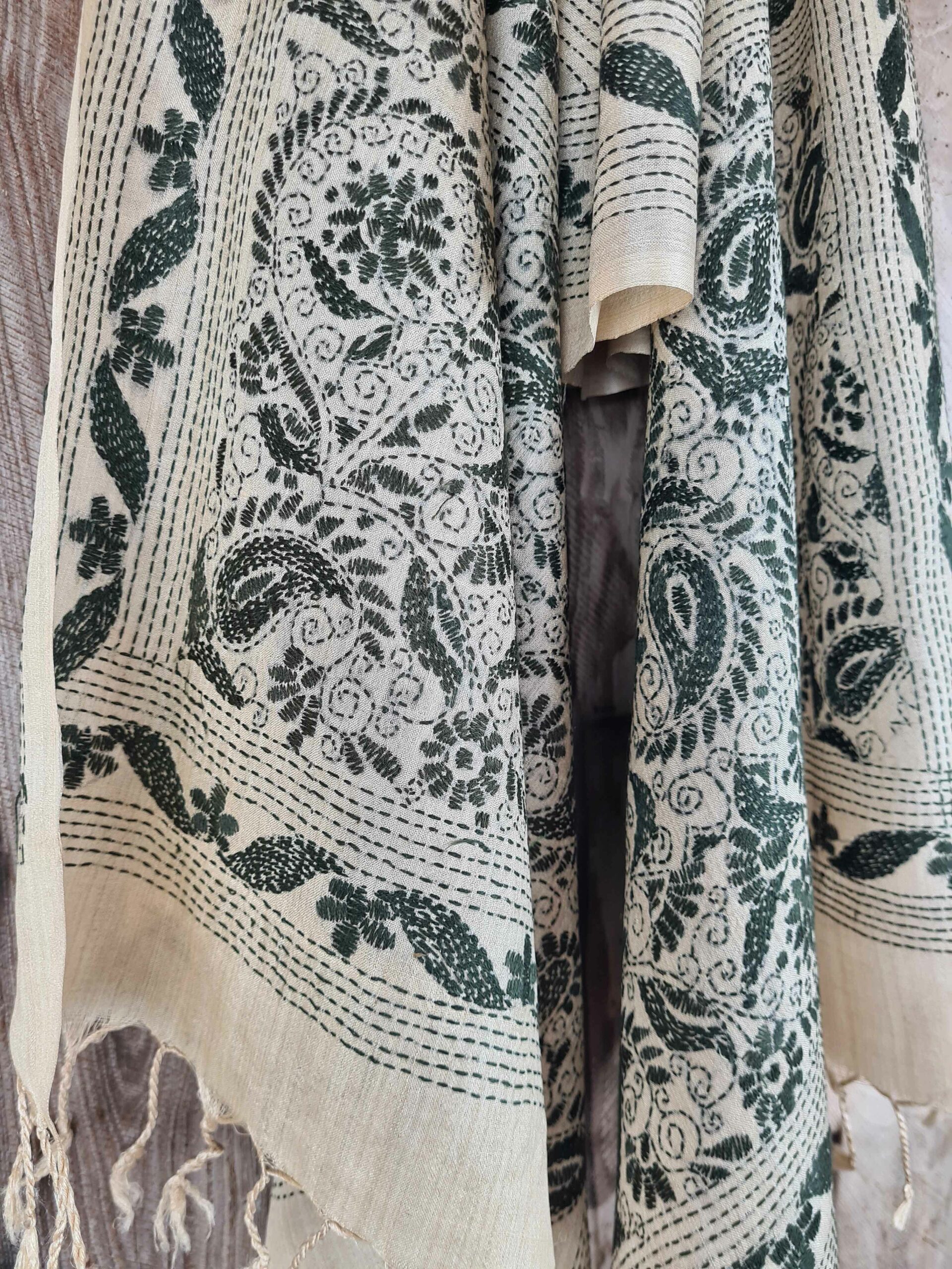 A tussar silk scarf/shawl hand-embroidered with traditional motifs by a NGO in West Bengal