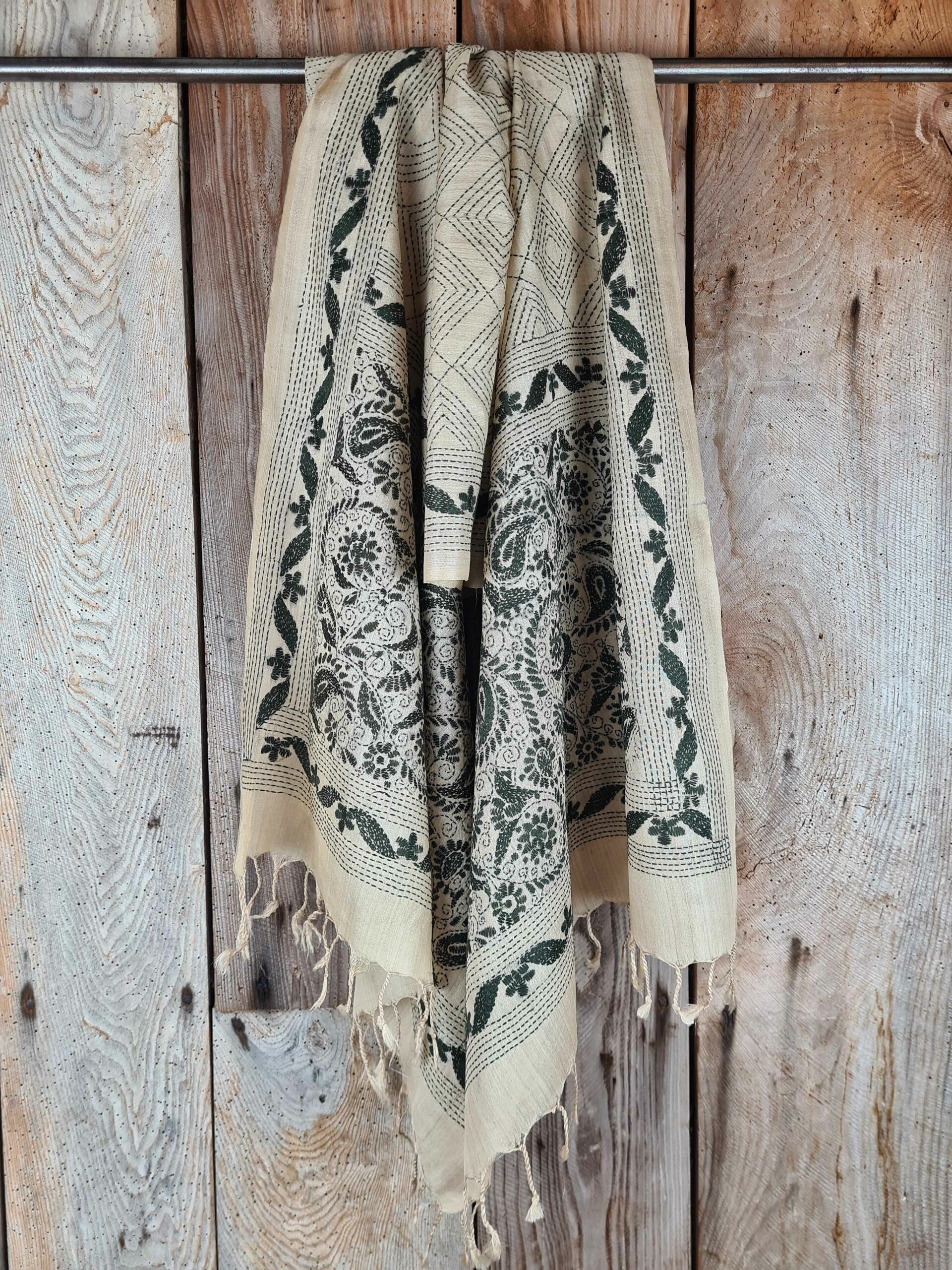 A tussar silk scarf/shawl hand-embroidered with traditional motifs by a NGO in West Bengal