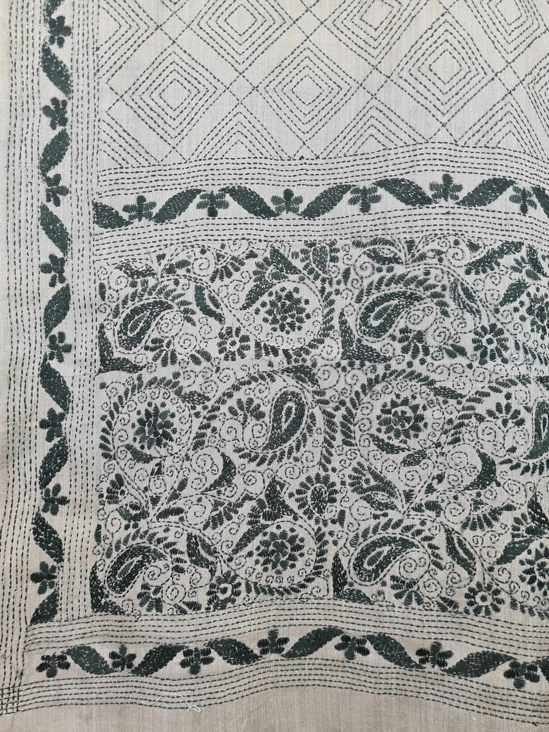 A tussar silk scarf/shawl hand-embroidered with traditional motifs by a NGO in West Bengal