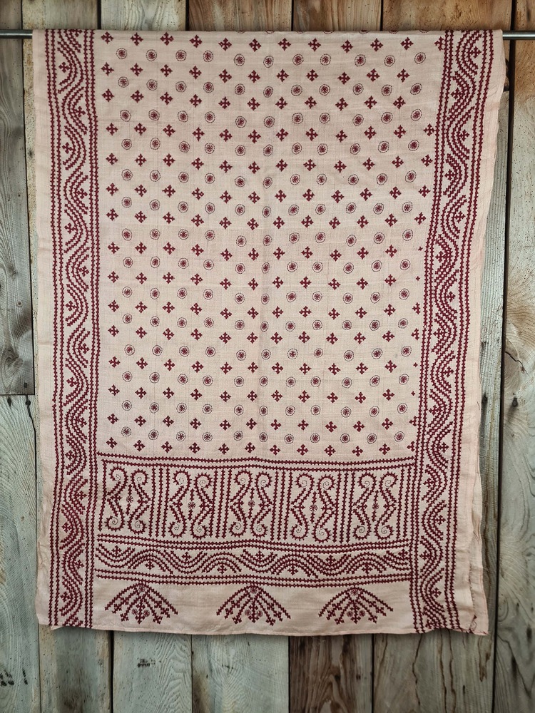 A tussar silk scarf/shawl hand-embroidered with traditional motifs by a NGO in West Bengal