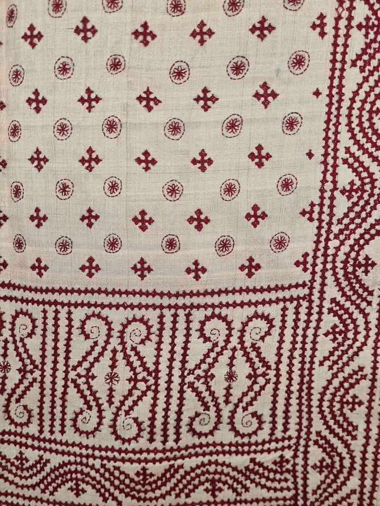 A tussar silk scarf/shawl hand-embroidered with traditional motifs by a NGO in West Bengal