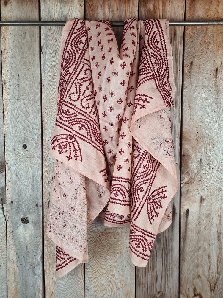 A tussar silk scarf/shawl hand-embroidered with traditional motifs by a NGO in West Bengal