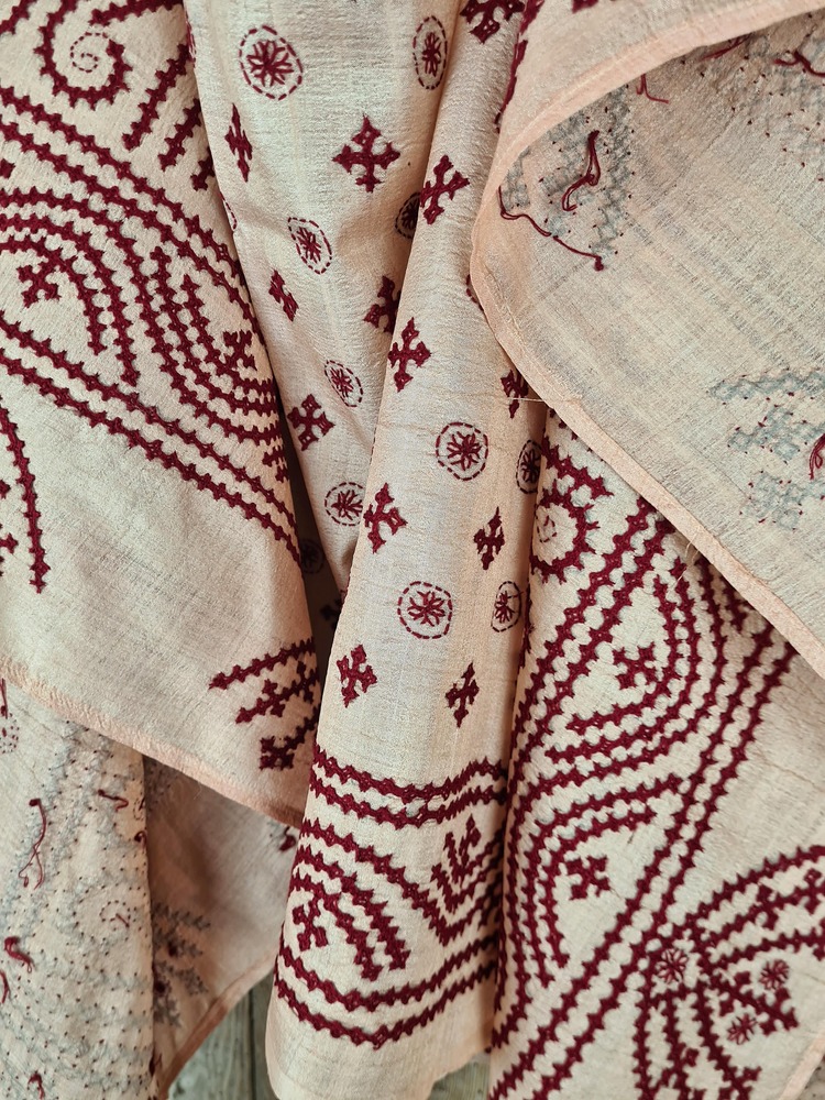 A tussar silk scarf/shawl hand-embroidered with traditional motifs by a NGO in West Bengal
