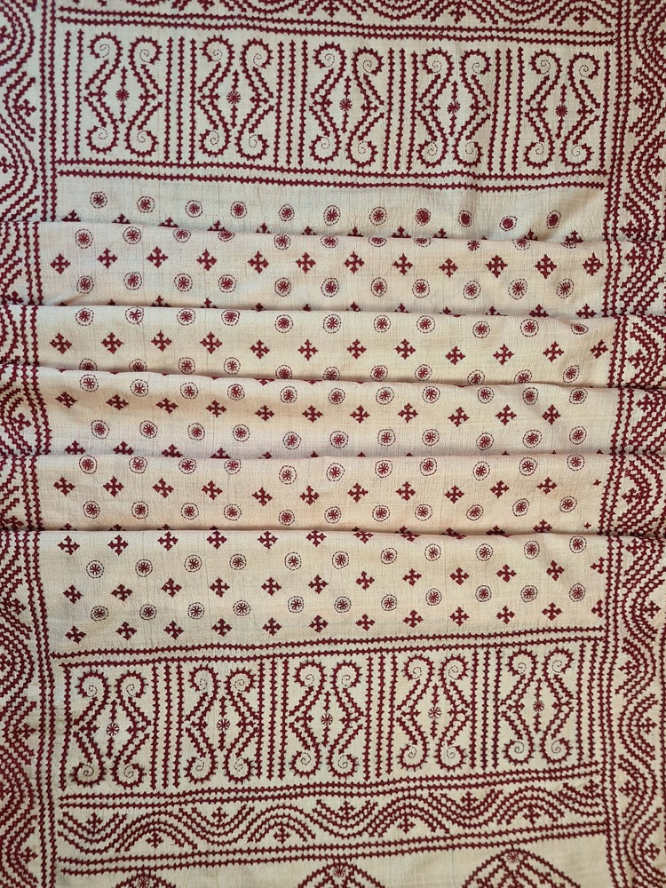 A tussar silk scarf/shawl hand-embroidered with traditional motifs by a NGO in West Bengal