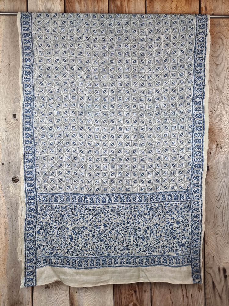 A tussar silk scarf/shawl hand-embroidered with traditional motifs by a NGO in West Bengal