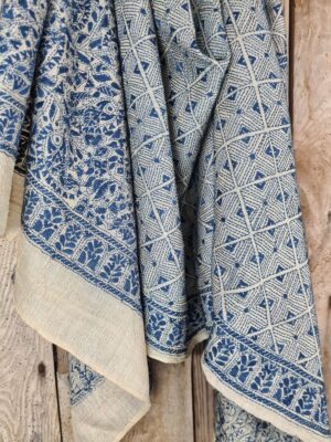 A tussar silk scarf/shawl hand-embroidered with traditional motifs by a NGO in West Bengal