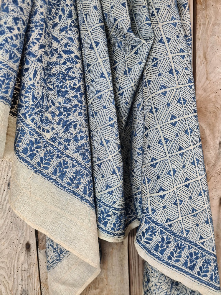 A tussar silk scarf/shawl hand-embroidered with traditional motifs by a NGO in West Bengal
