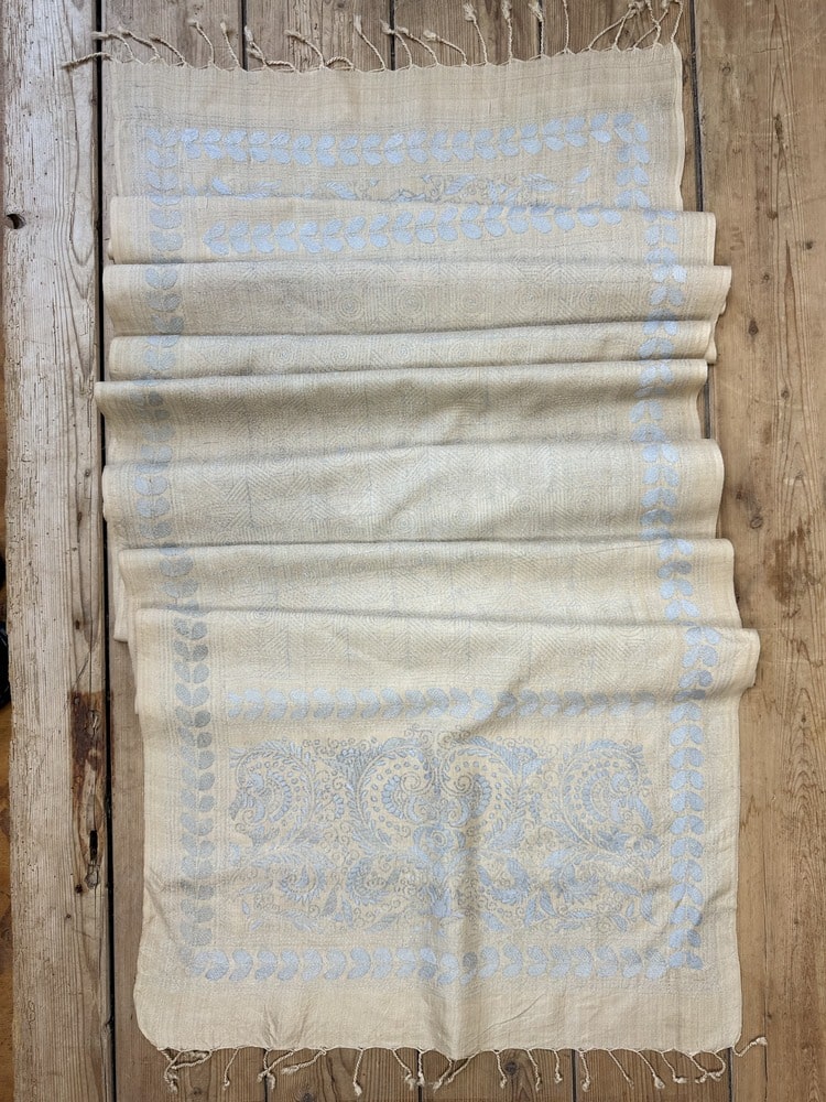 A tussar silk scarf/shawl hand-embroidered with traditional motifs by a NGO in West Bengal