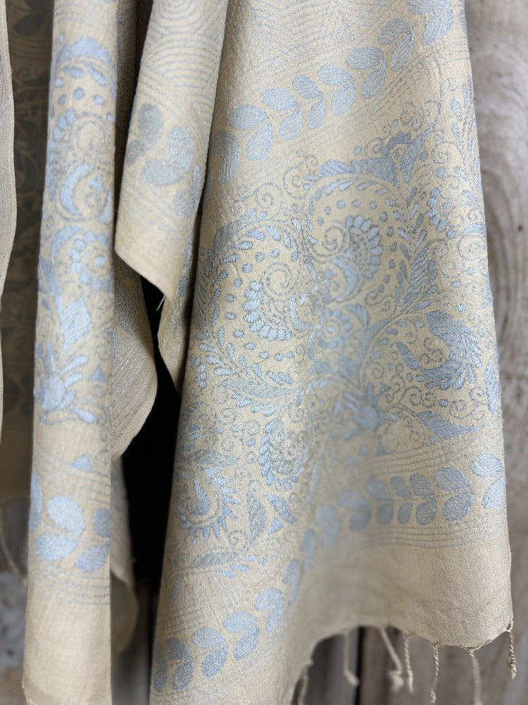 A tussar silk scarf/shawl hand-embroidered with traditional motifs by a NGO in West Bengal