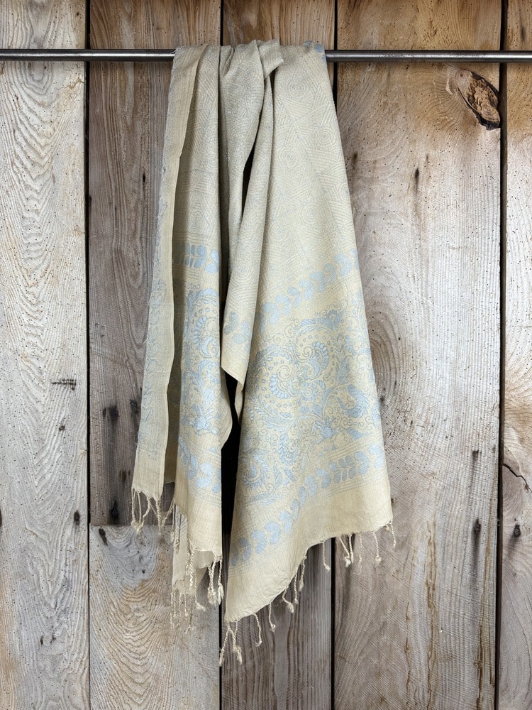 A tussar silk scarf/shawl hand-embroidered with traditional motifs by a NGO in West Bengal