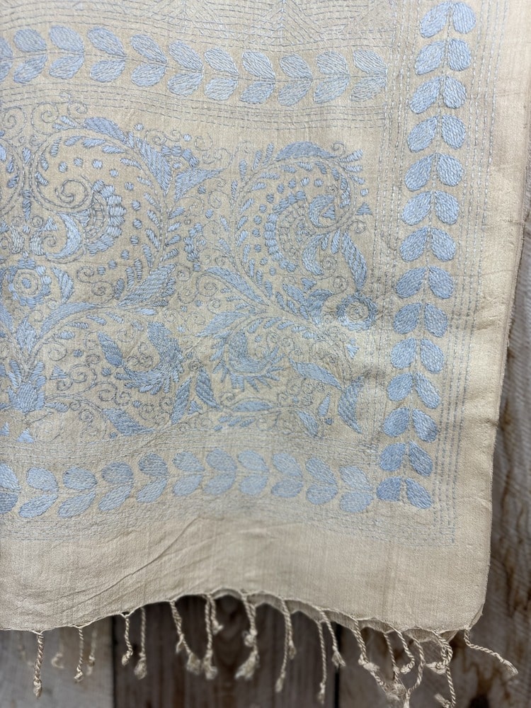 A tussar silk scarf/shawl hand-embroidered with traditional motifs by a NGO in West Bengal