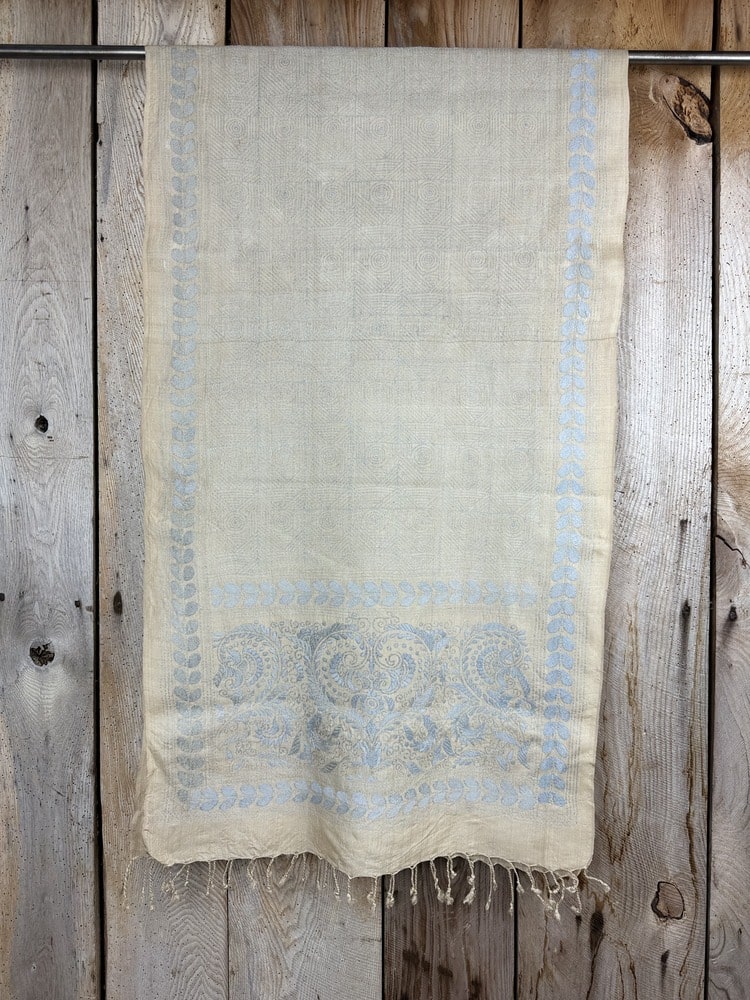 A tussar silk scarf/shawl hand-embroidered with traditional motifs by a NGO in West Bengal