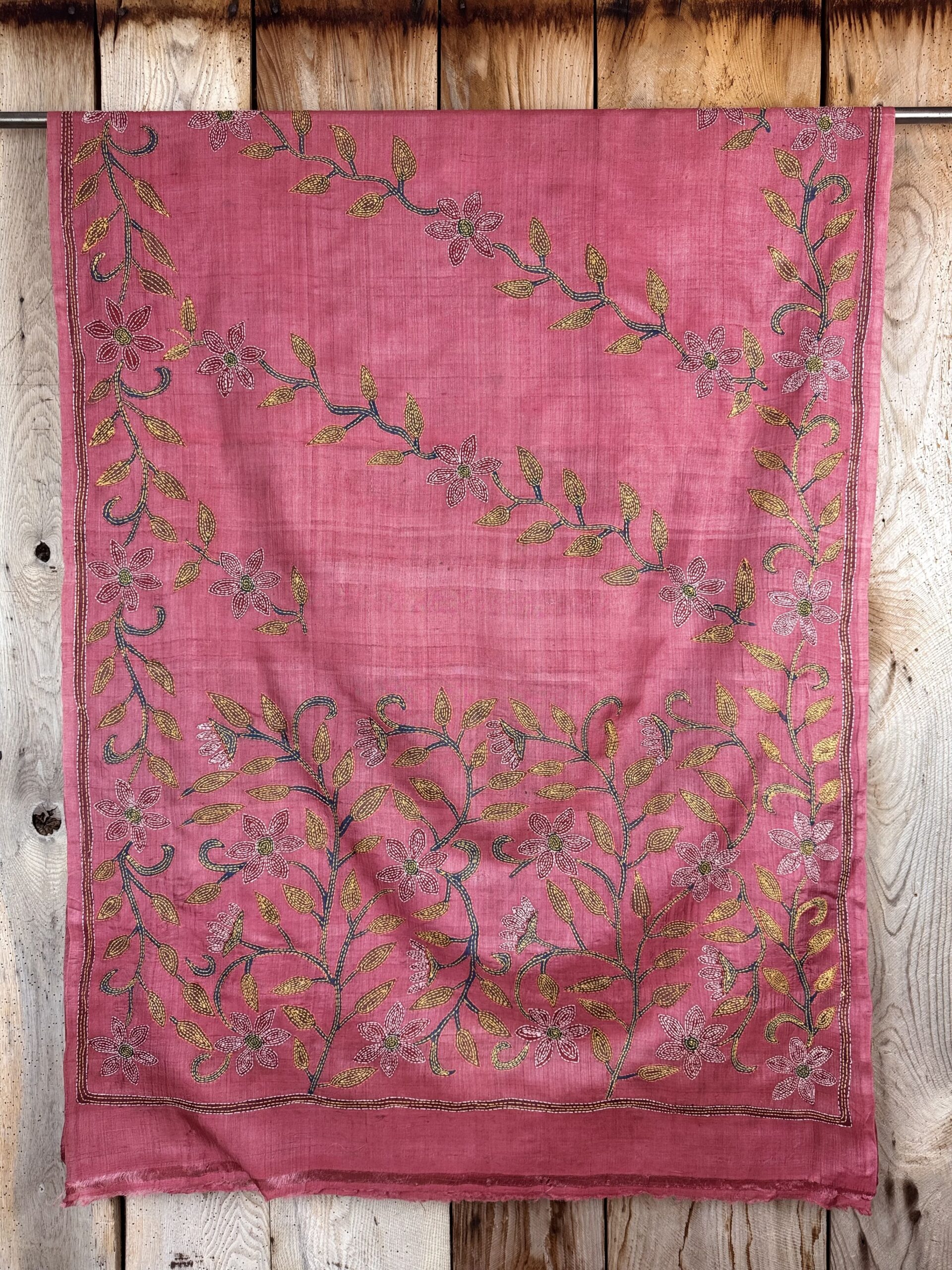 A tussar silk scarf/shawl hand-embroidered with traditional motifs by a NGO in West Bengal