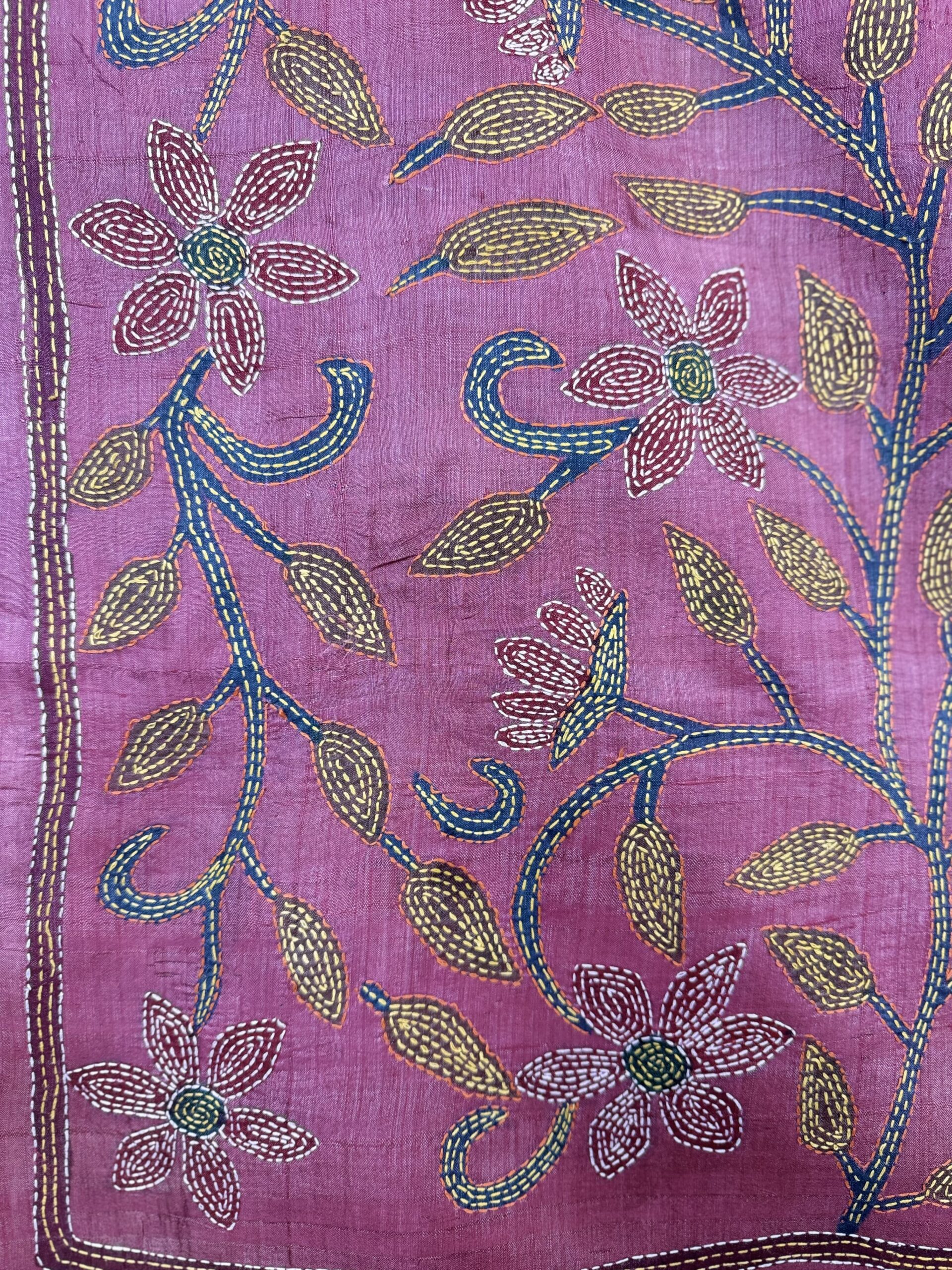 A tussar silk scarf/shawl hand-embroidered with traditional motifs by a NGO in West Bengal