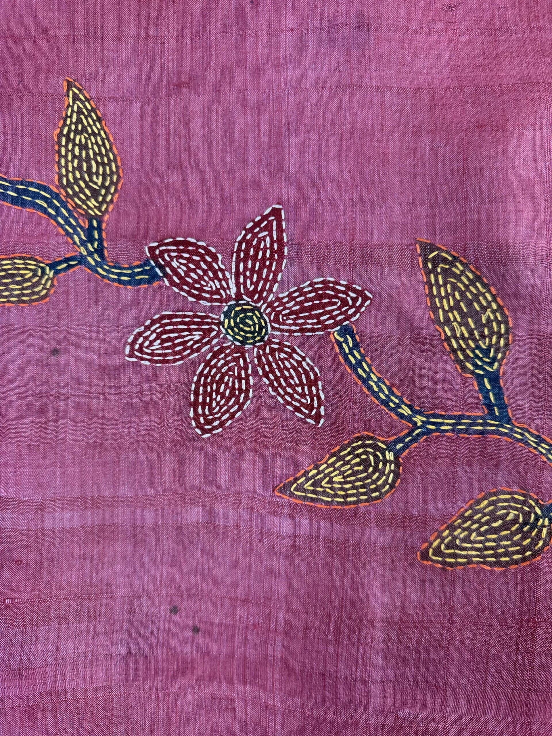 A tussar silk scarf/shawl hand-embroidered with traditional motifs by a NGO in West Bengal