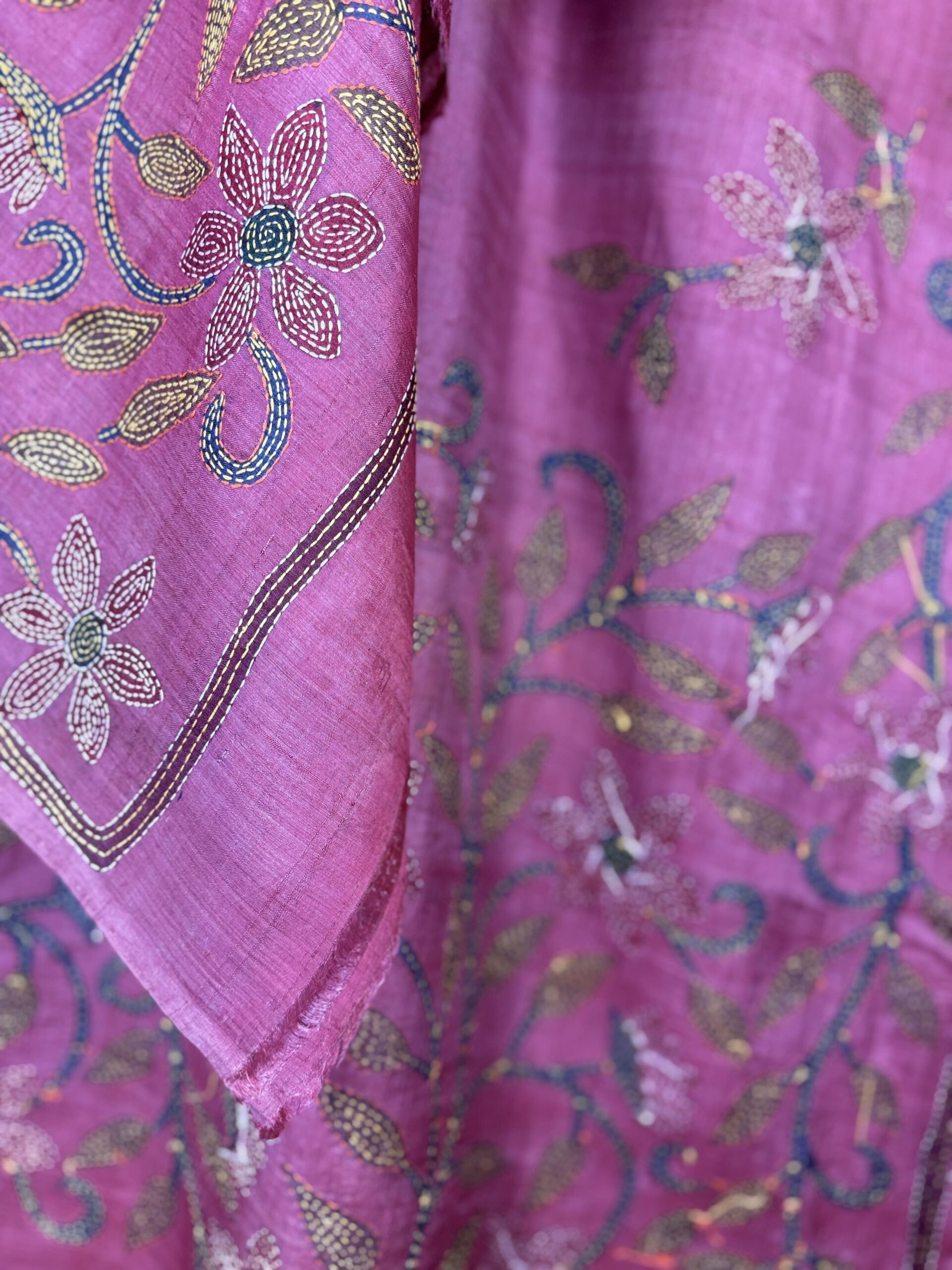A tussar silk scarf/shawl hand-embroidered with traditional motifs by a NGO in West Bengal