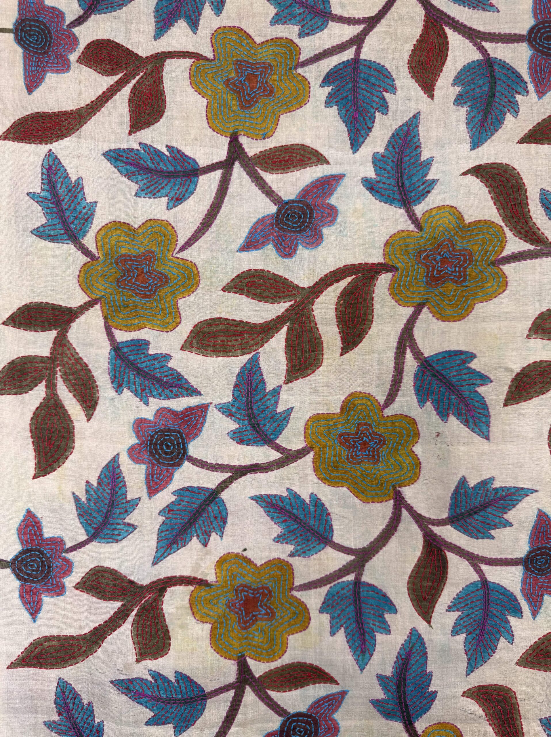 A tussar silk scarf/shawl hand-embroidered with traditional motifs by a NGO in West Bengal