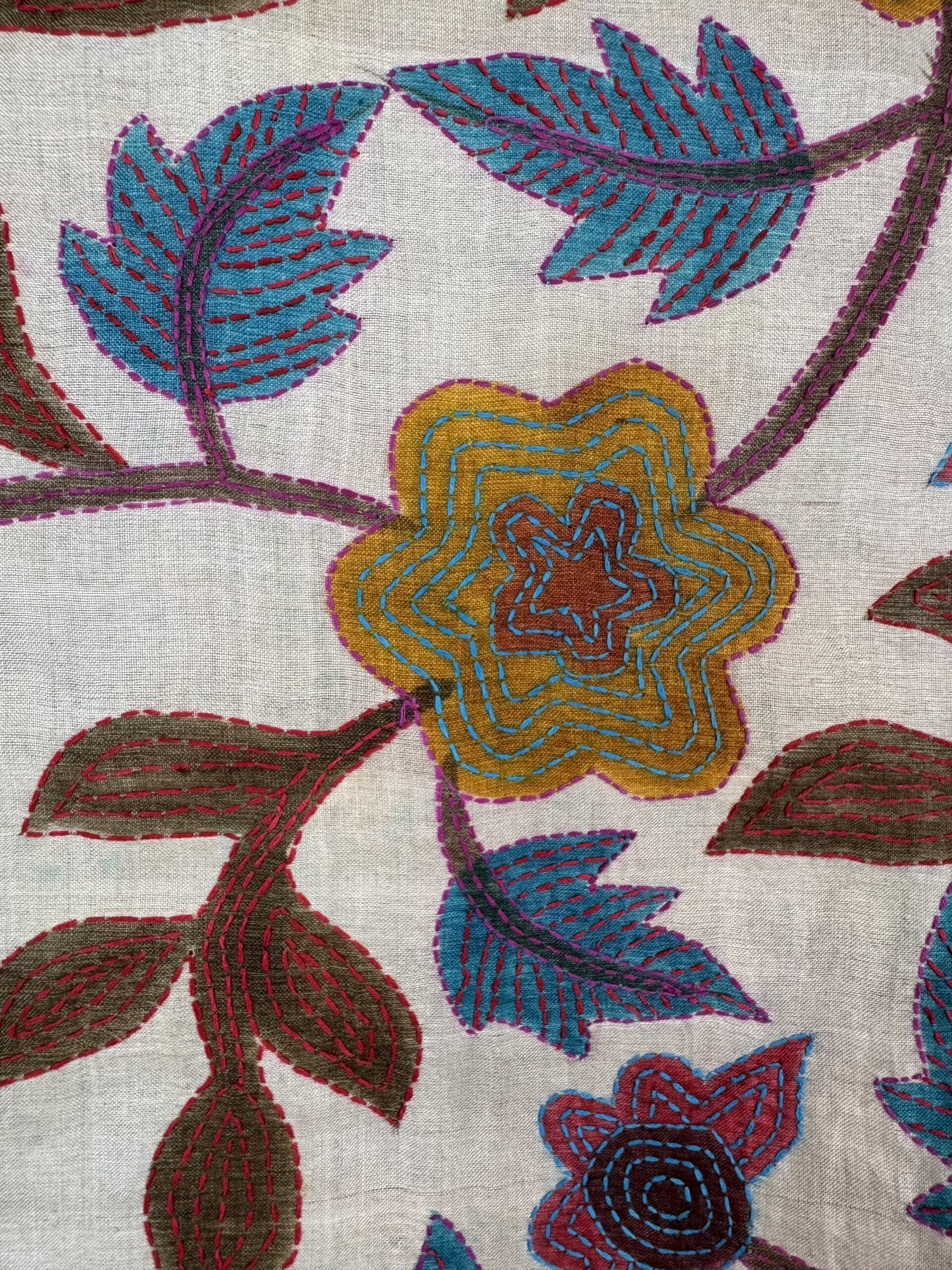 A tussar silk scarf/shawl hand-embroidered with traditional motifs by a NGO in West Bengal