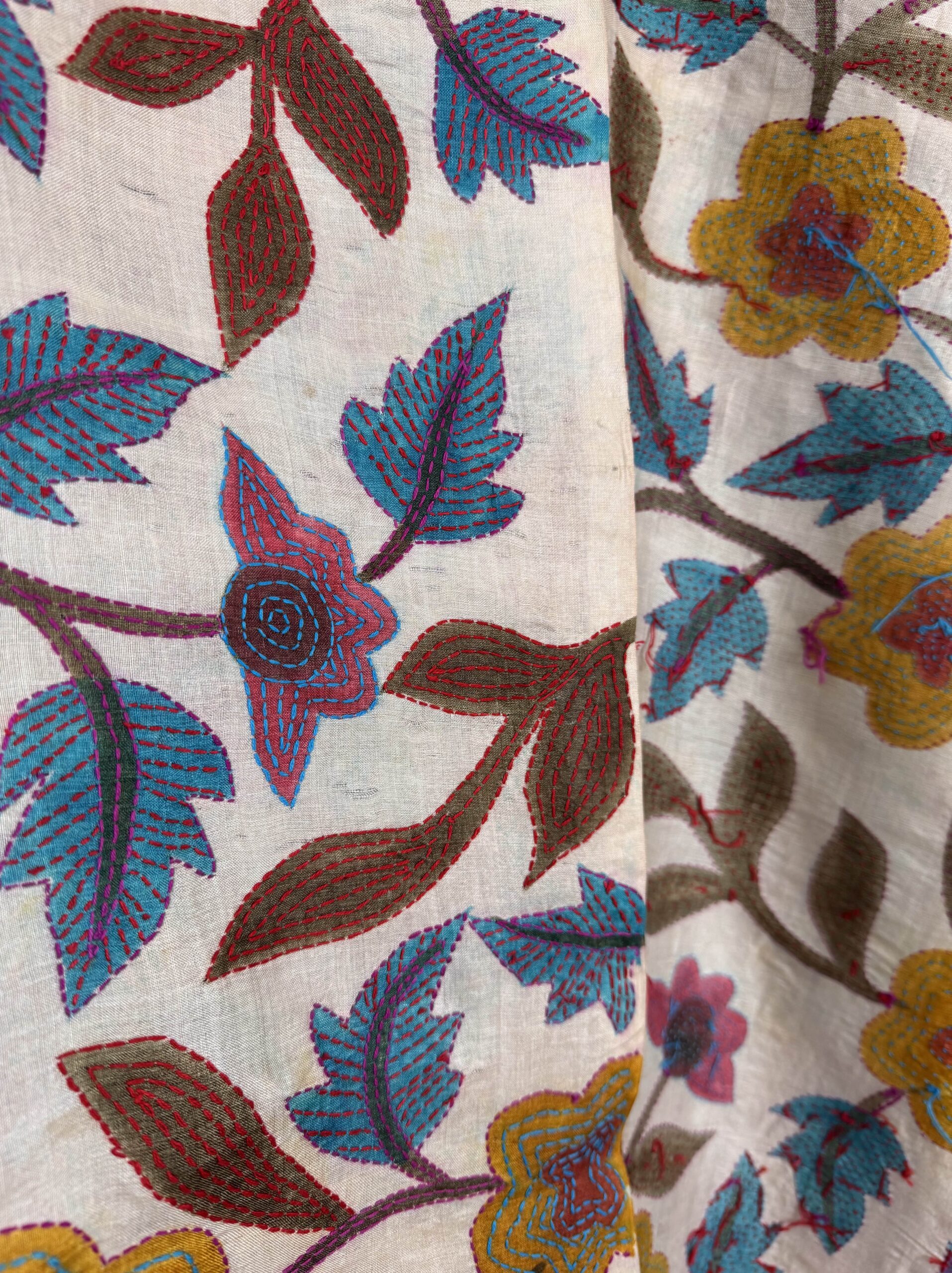 A tussar silk scarf/shawl hand-embroidered with traditional motifs by a NGO in West Bengal
