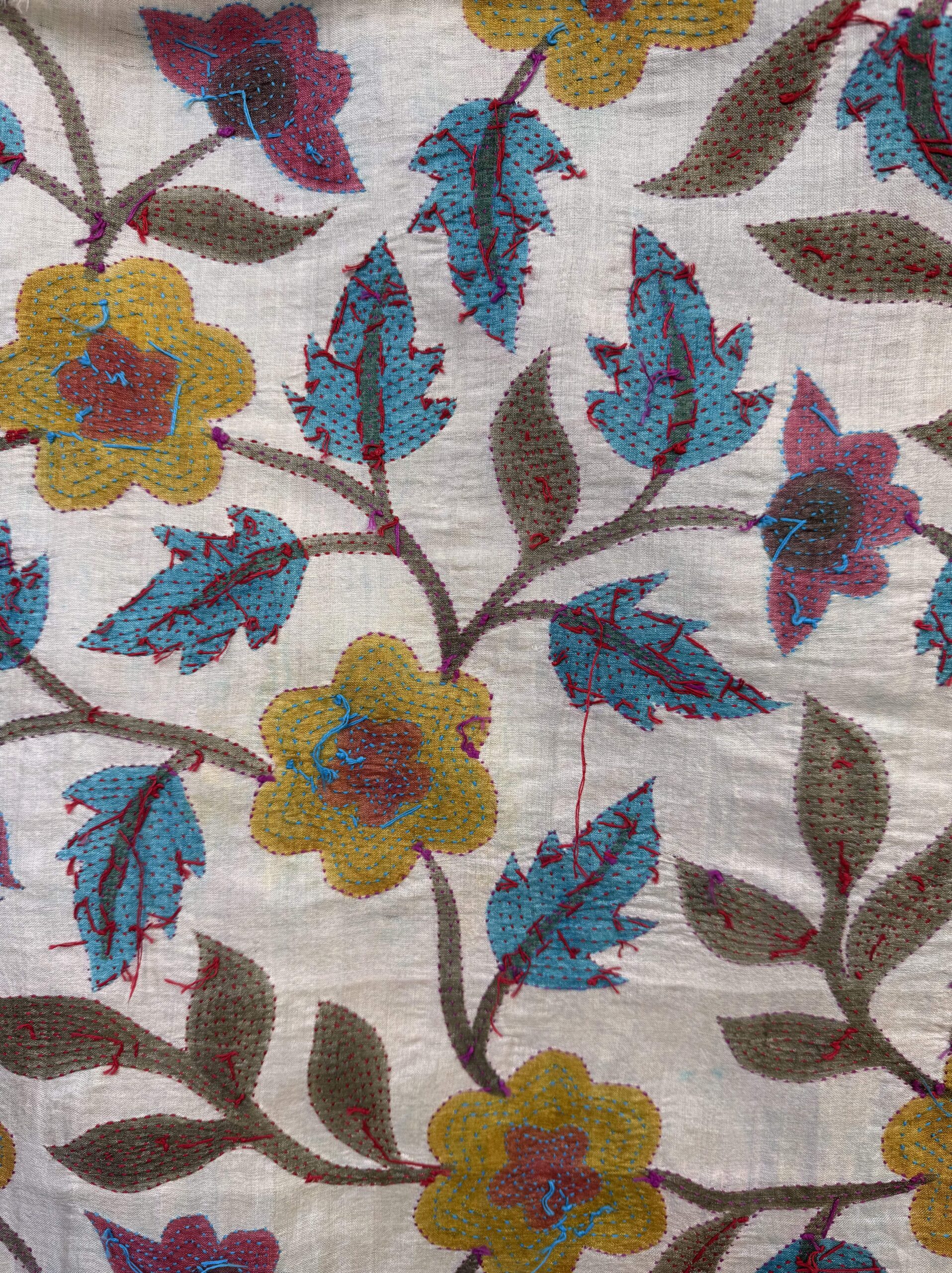 A tussar silk scarf/shawl hand-embroidered with traditional motifs by a NGO in West Bengal