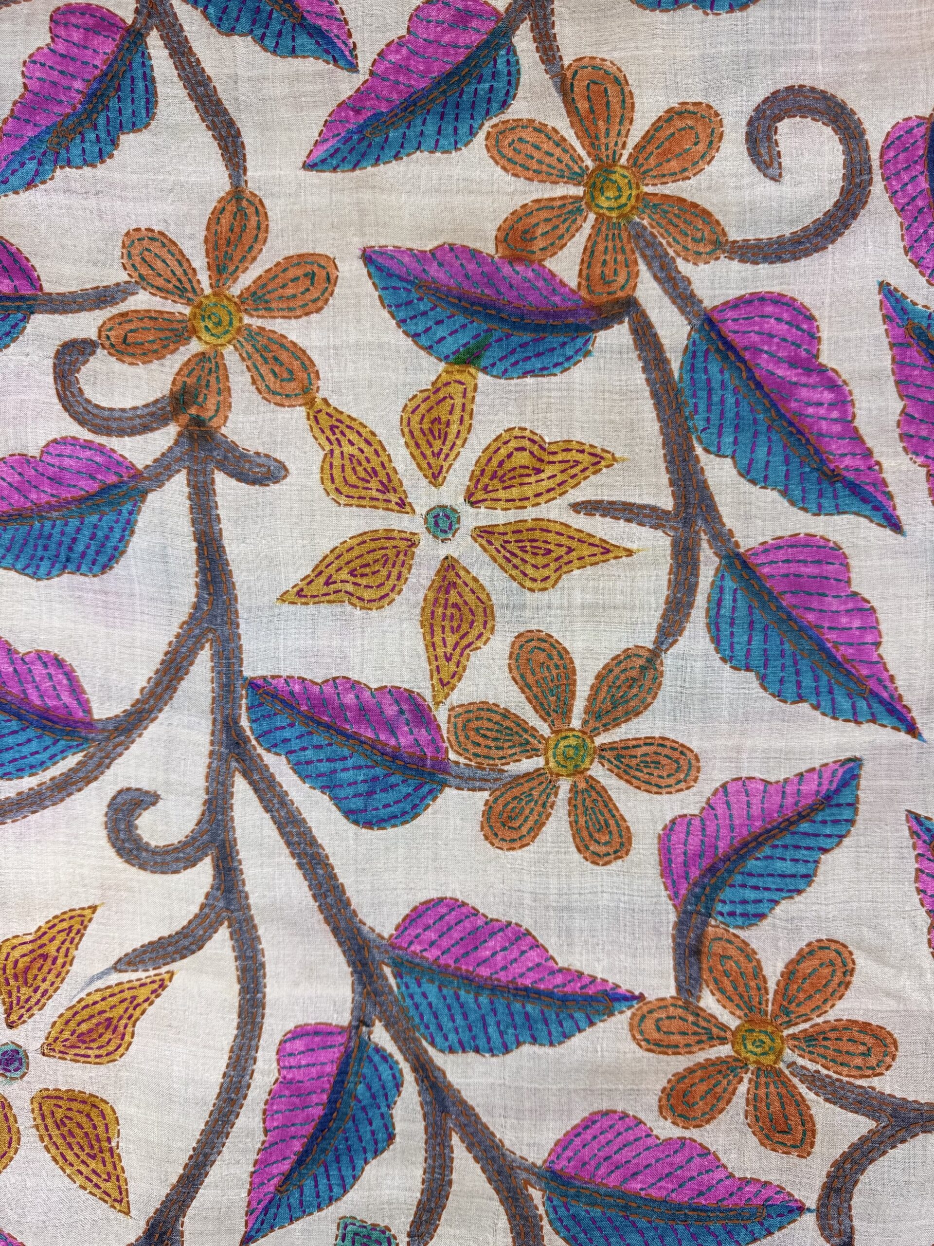 A tussar silk scarf/shawl hand-embroidered with traditional motifs by a NGO in West Bengal
