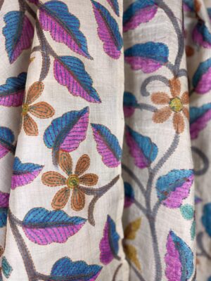 A tussar silk scarf/shawl hand-embroidered with traditional motifs by a NGO in West Bengal