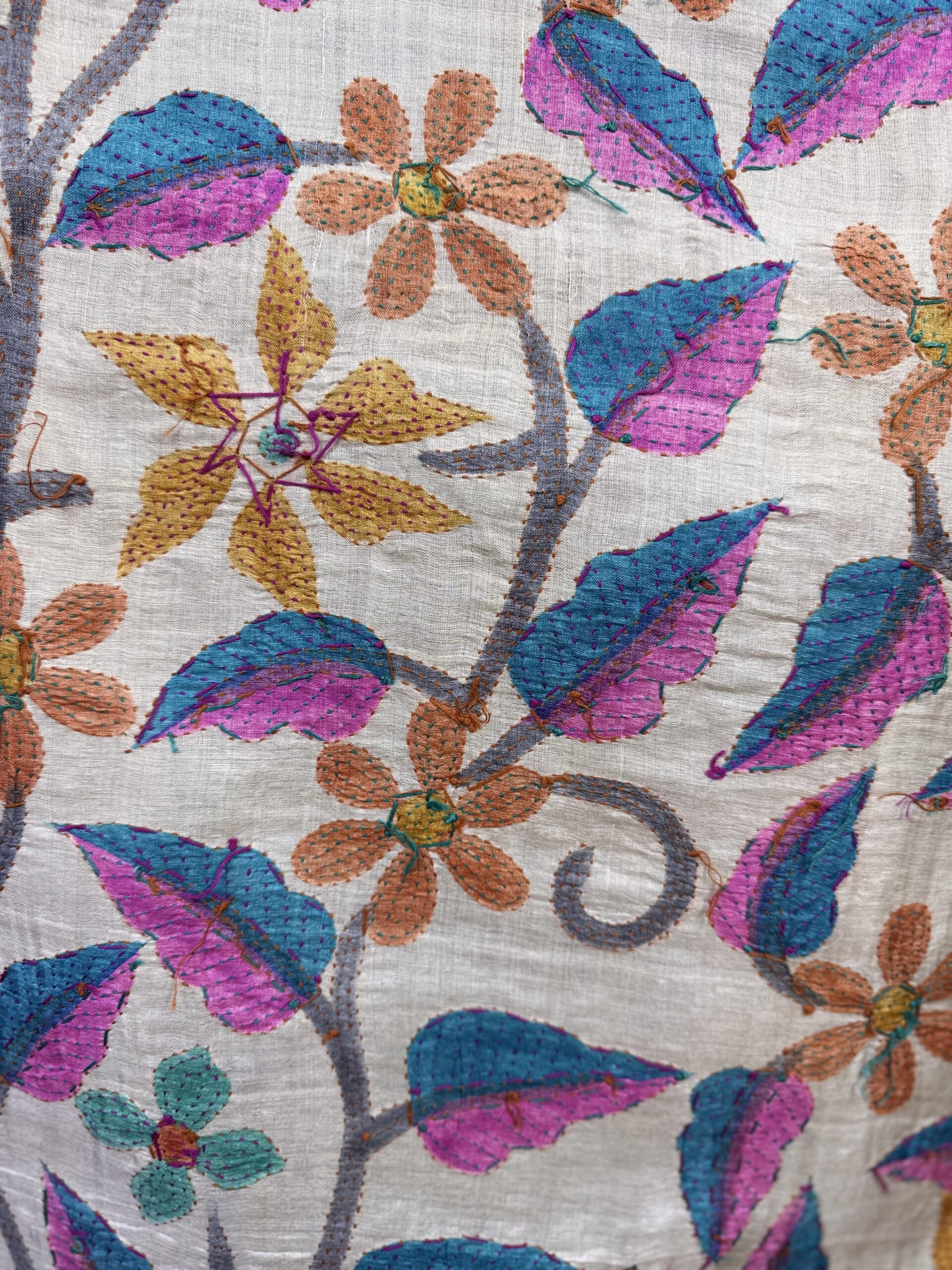 A tussar silk scarf/shawl hand-embroidered with traditional motifs by a NGO in West Bengal