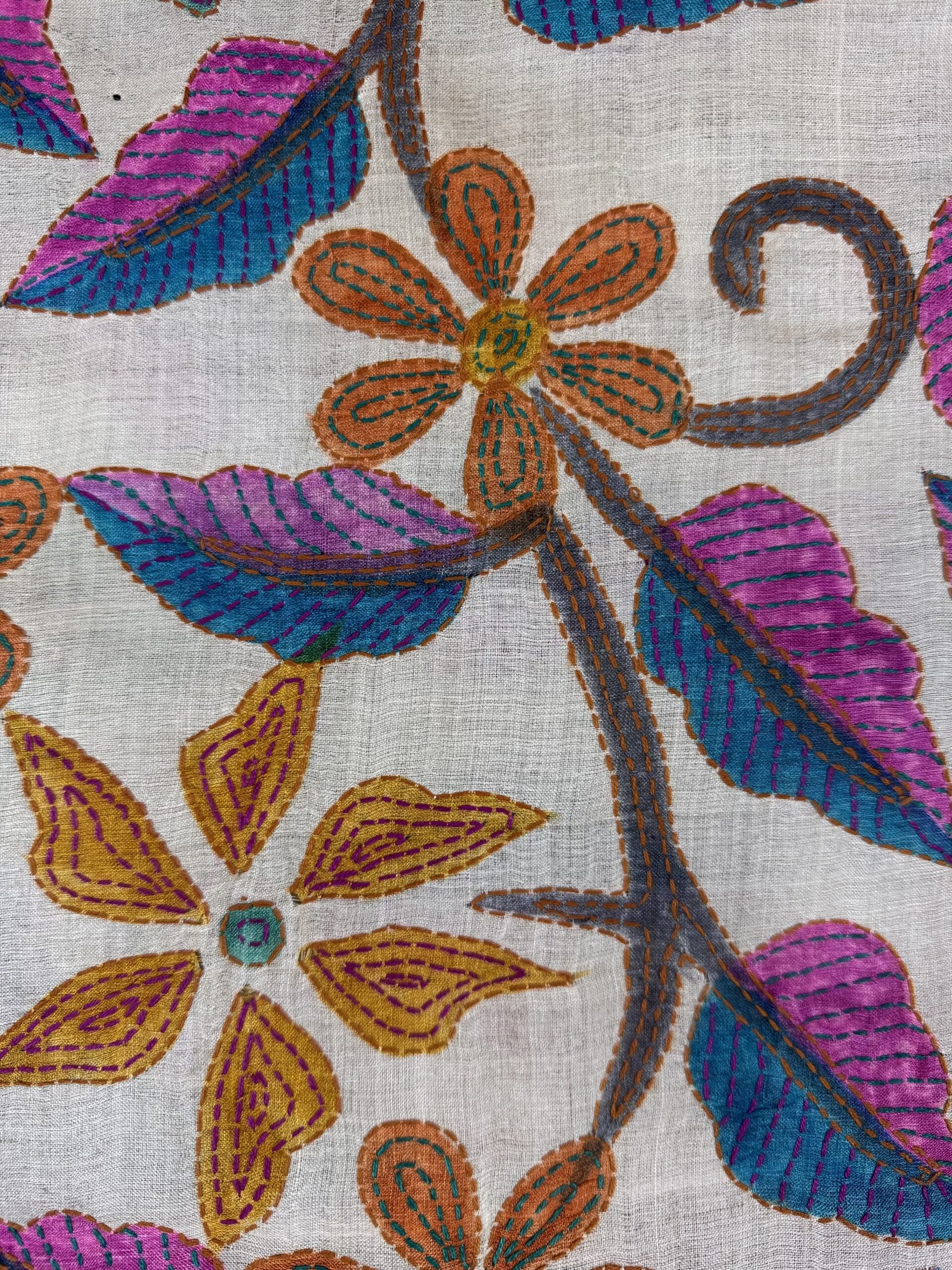 A tussar silk scarf/shawl hand-embroidered with traditional motifs by a NGO in West Bengal