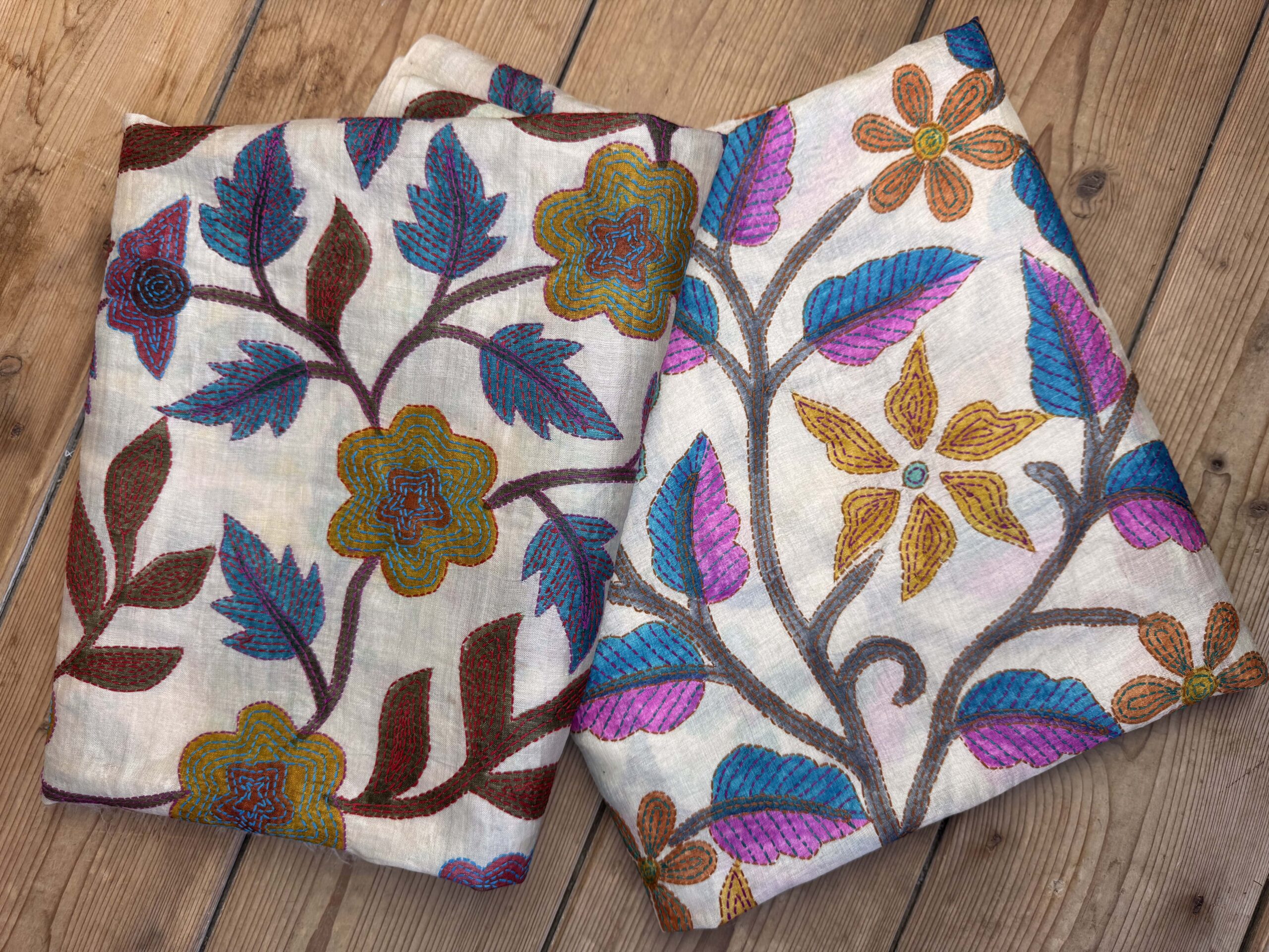 A tussar silk scarf/shawl hand-embroidered with traditional motifs by a NGO in West Bengal