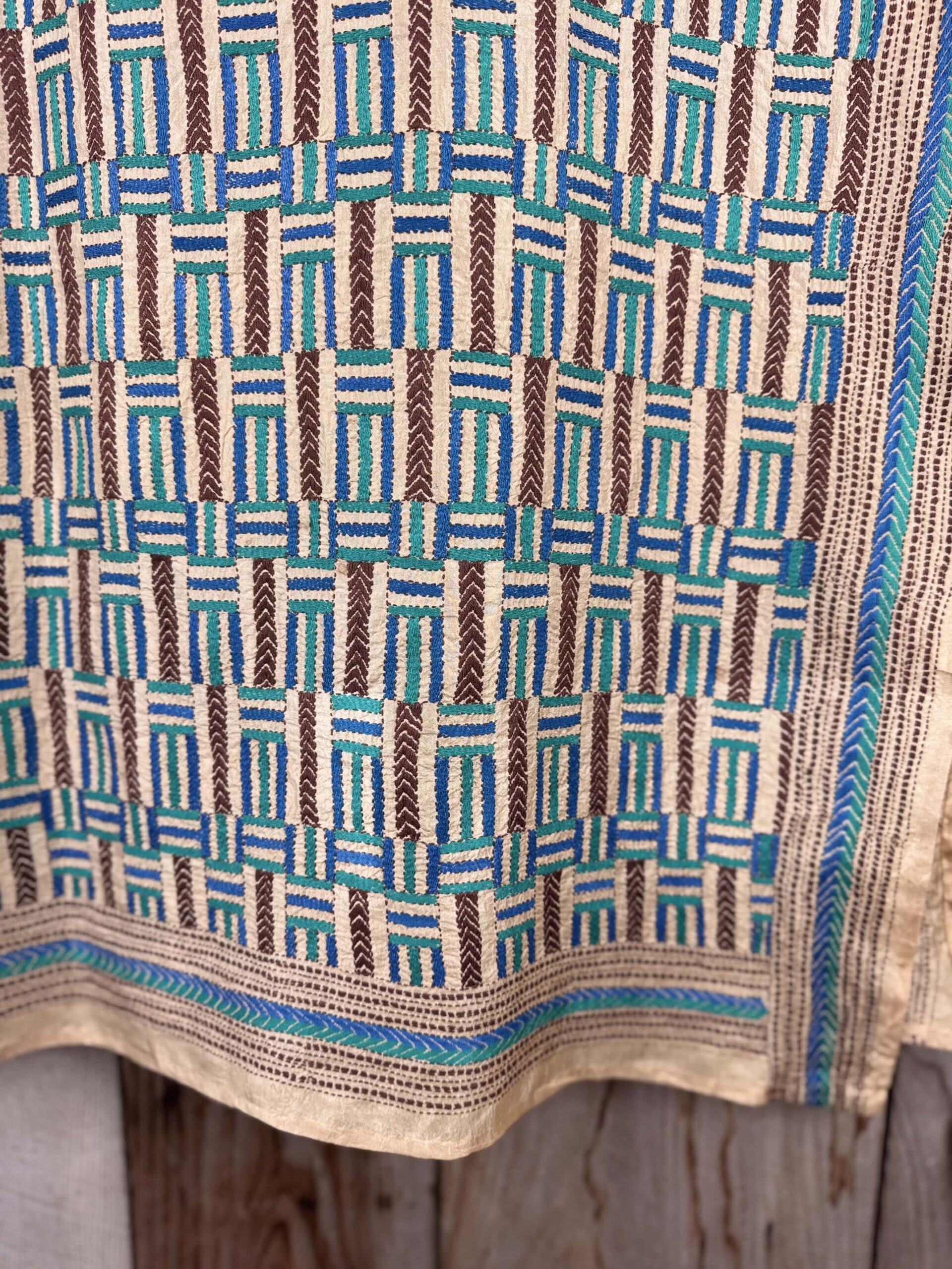 A tussar silk scarf/shawl hand-embroidered with traditional motifs by a NGO in West Bengal