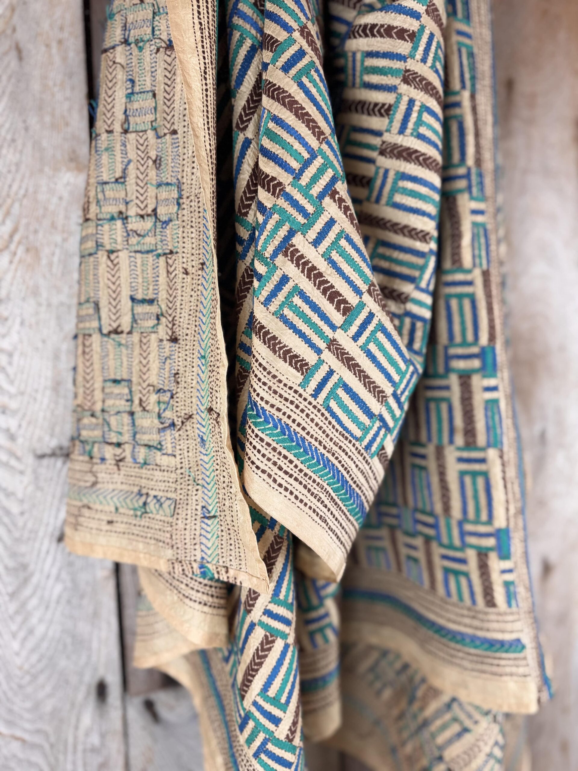 A tussar silk scarf/shawl hand-embroidered with traditional motifs by a NGO in West Bengal