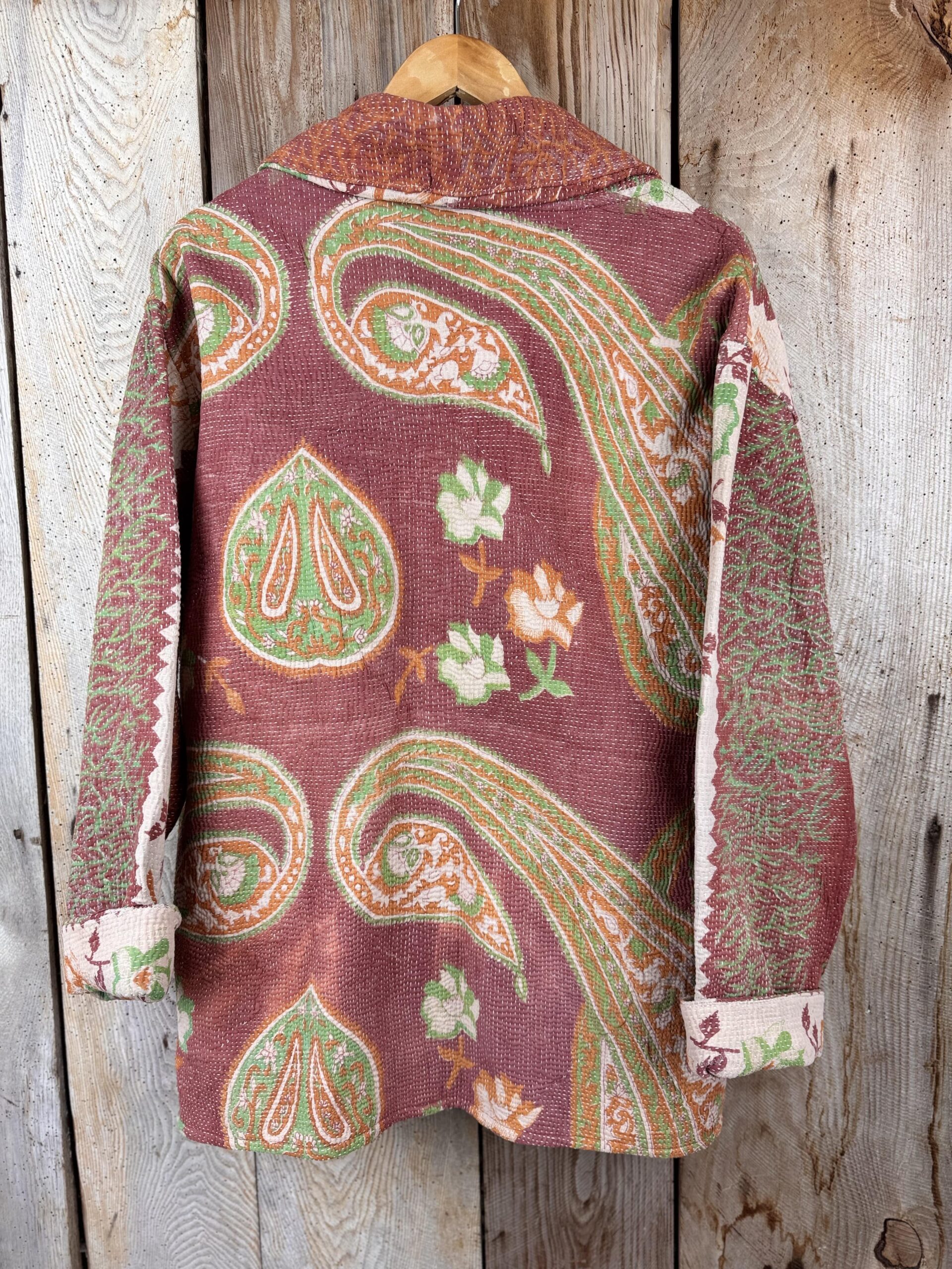 Vintage cotton Kantha Jacket with finely hand stitched details, rich textures and colours.