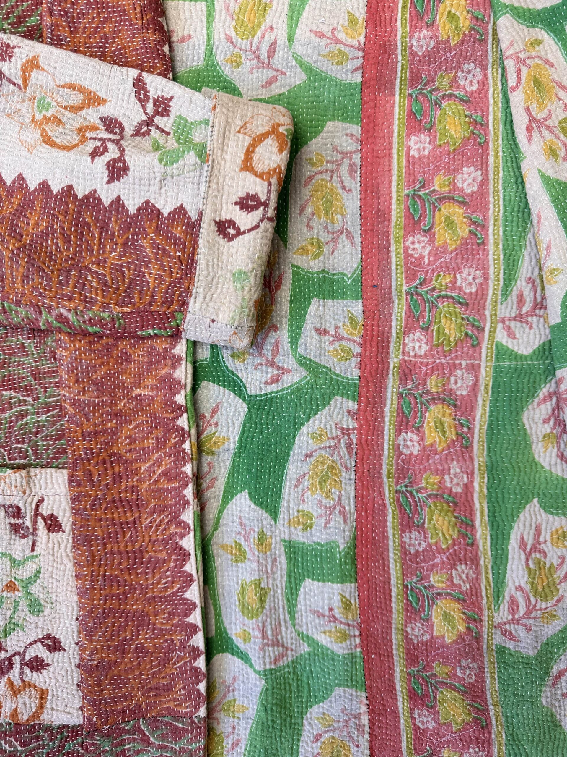 Vintage cotton Kantha Jacket with finely hand stitched details, rich textures and colours.