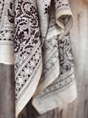 A tussar silk scarf/shawl hand-embroidered with traditional motifs by a NGO in West Bengal