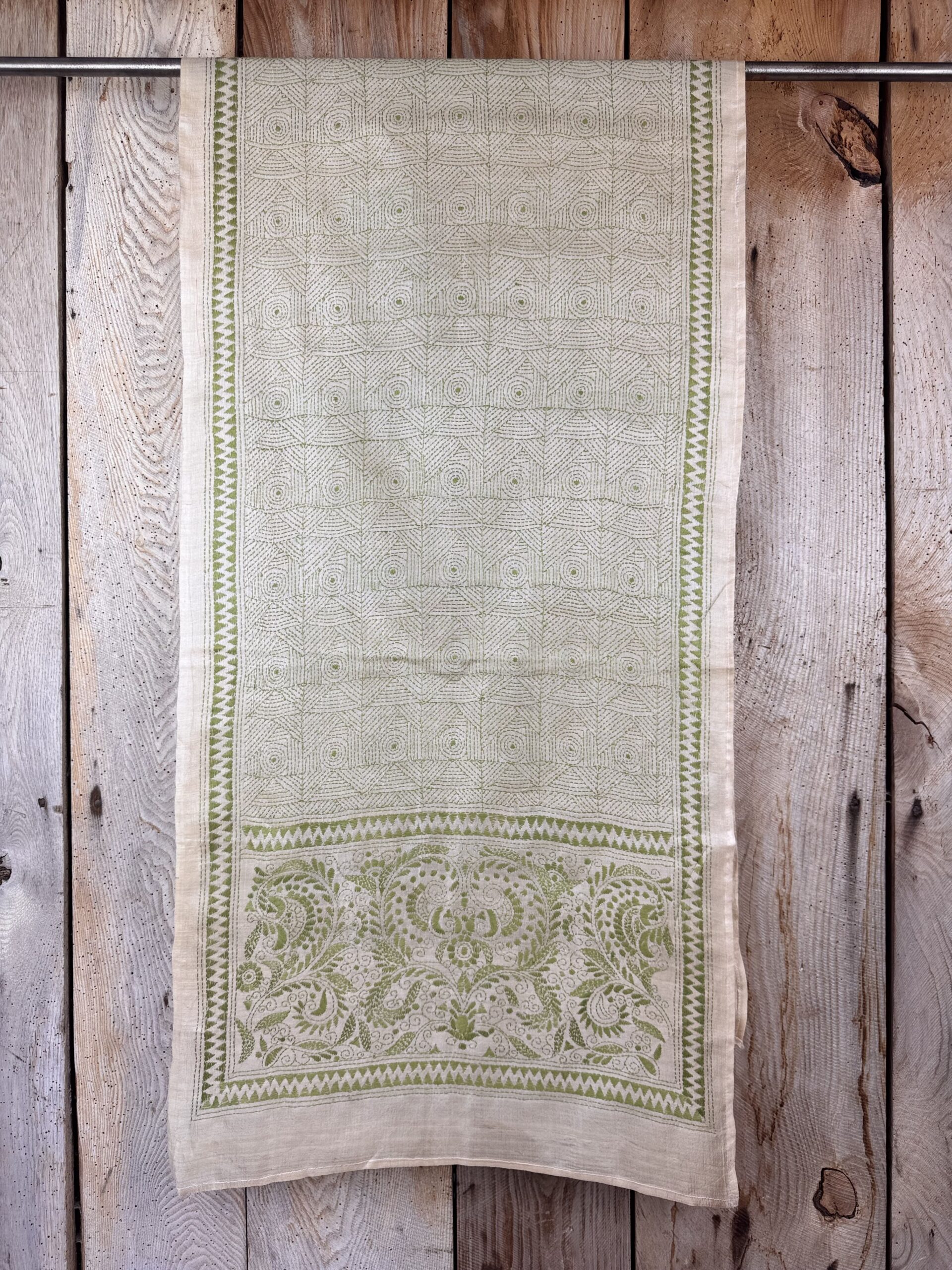 A tussar silk scarf/shawl hand-embroidered with traditional motifs by a NGO in West Bengal
