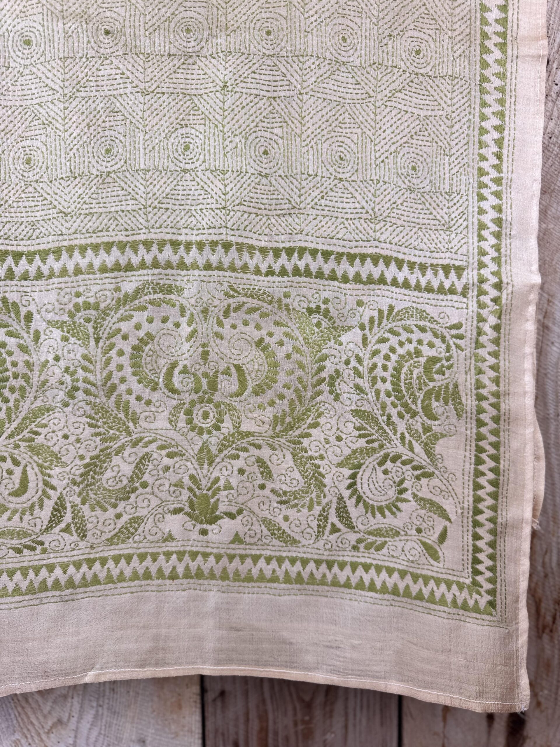 A tussar silk scarf/shawl hand-embroidered with traditional motifs by a NGO in West Bengal