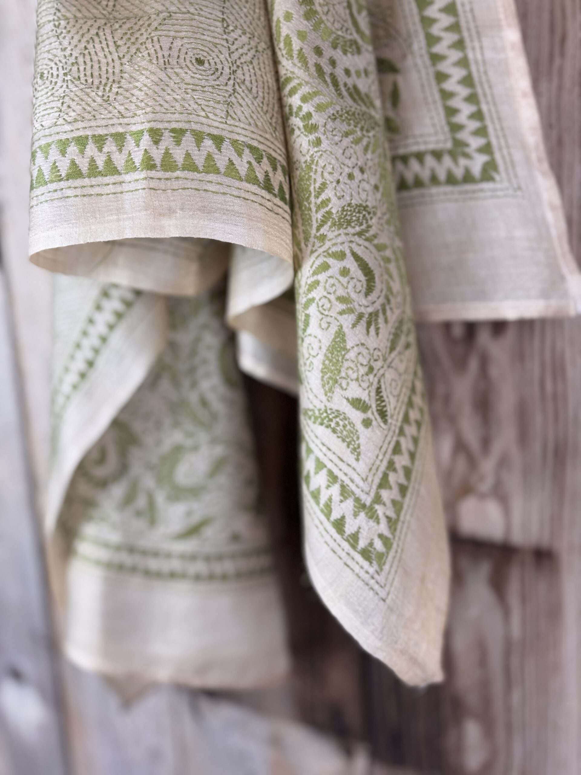 A tussar silk scarf/shawl hand-embroidered with traditional motifs by a NGO in West Bengal