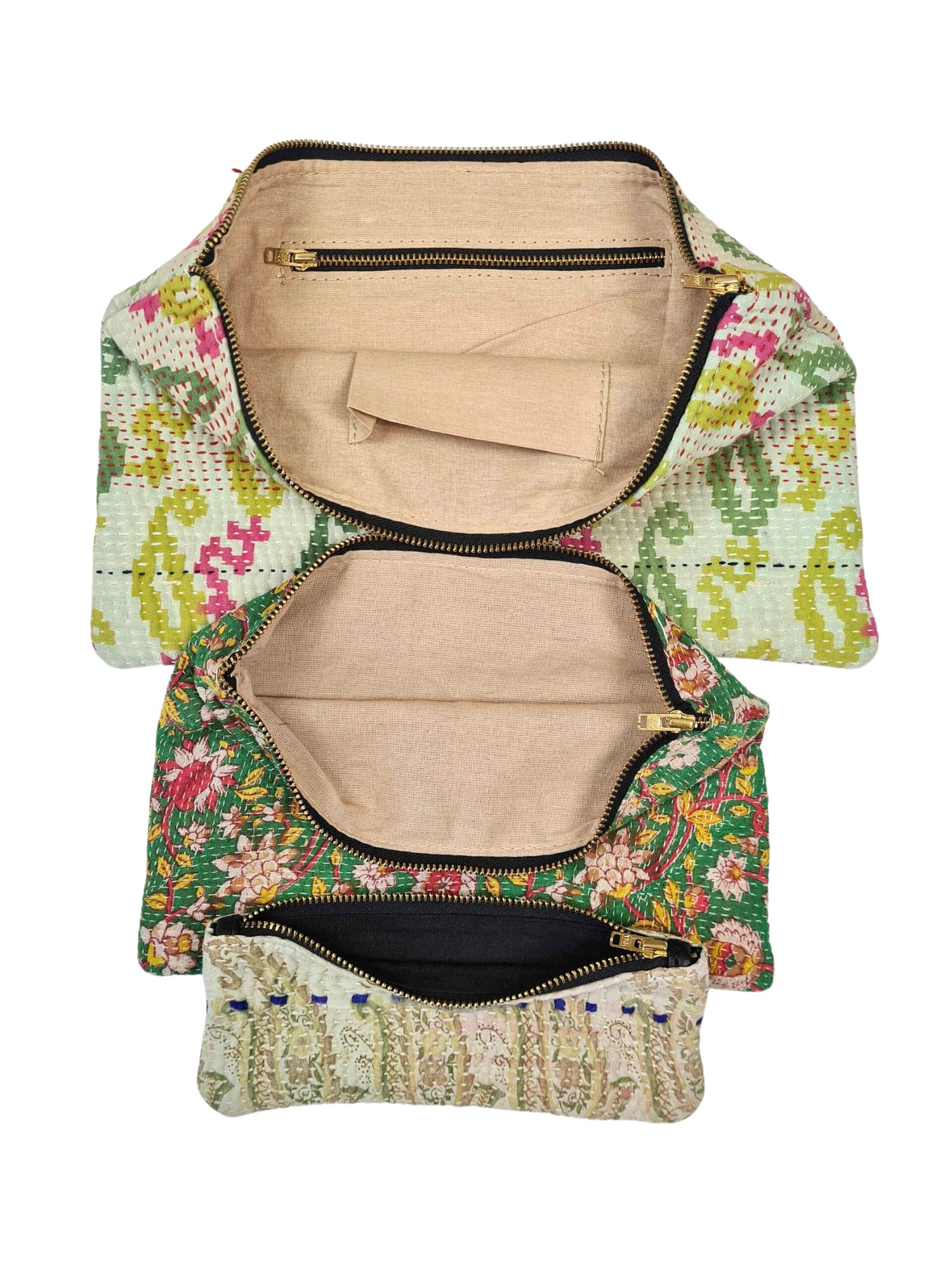 Colourful cotton kantha bags, pockets and purses, great for organising the smaller things in life. Made from recycled kantha quilts for the perfect accessory.