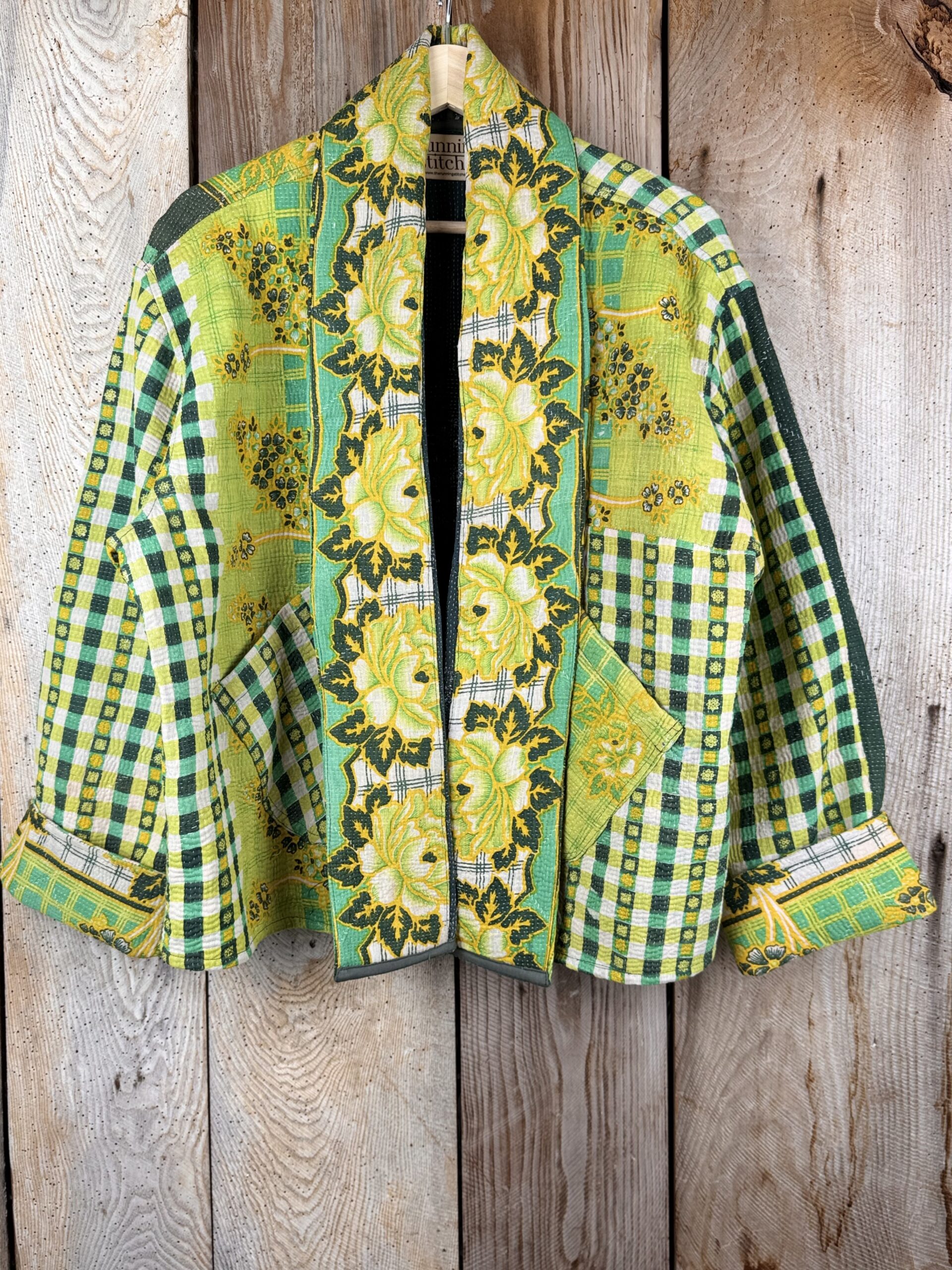 Vintage cotton Kantha Jacket with finely hand stitched details, rich textures and colours.