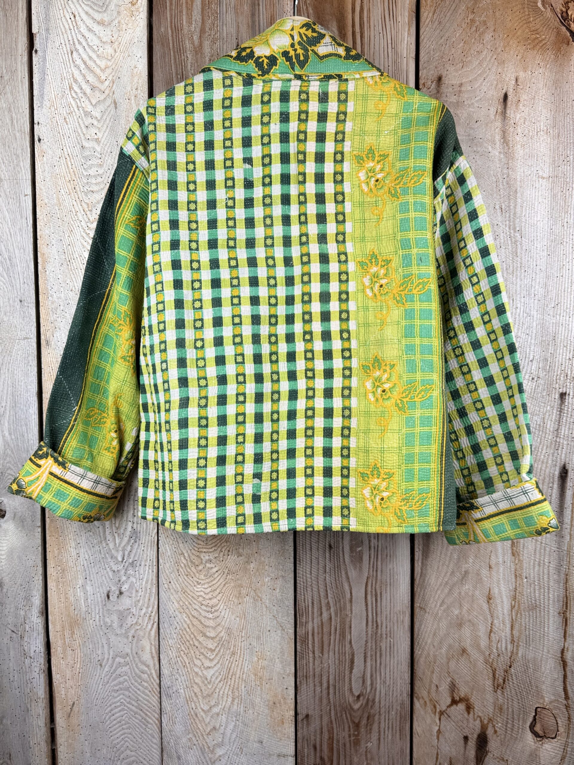 Vintage cotton Kantha Jacket with finely hand stitched details, rich textures and colours.