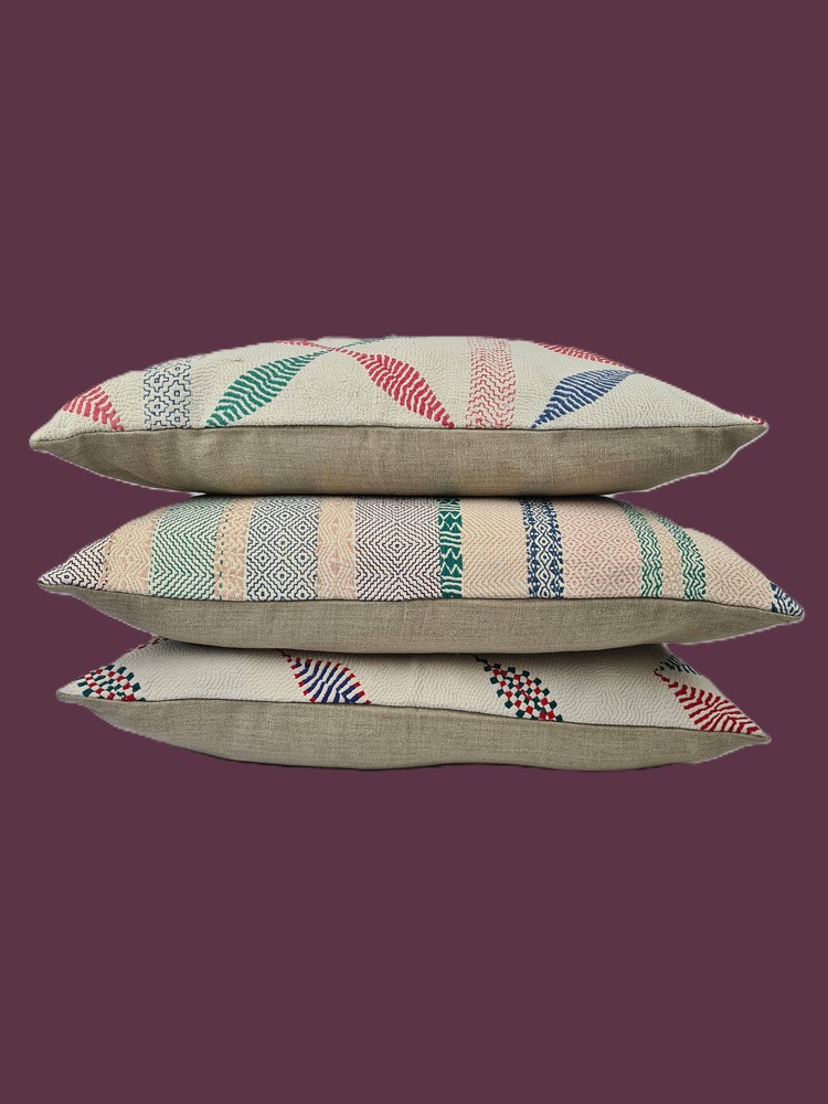 Exquisite vintage Kantha cushion featuring authentic hand-stitched Indian embroidery, responsibly sourced and perfect as unique homeware.