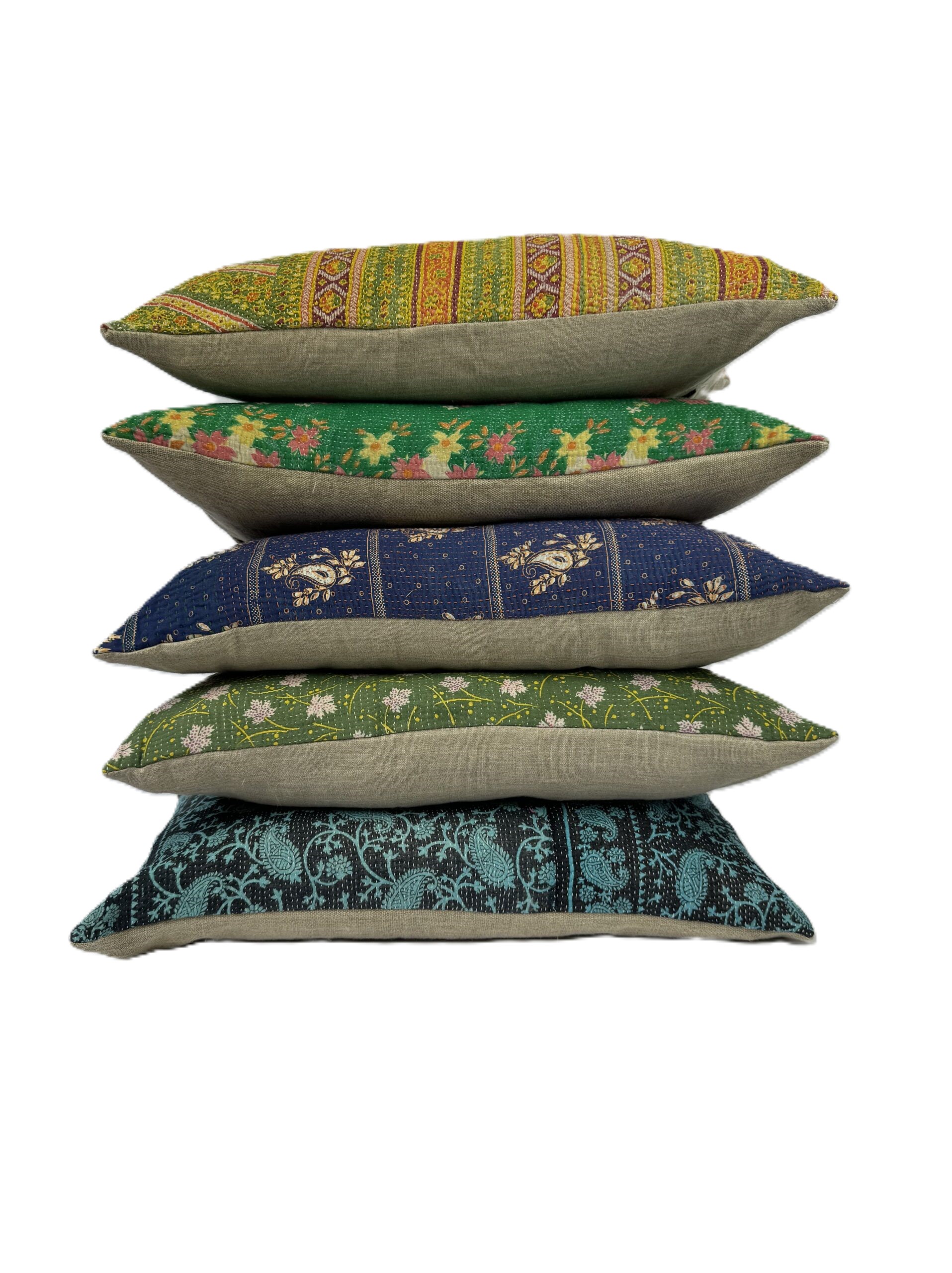 Exquisite vintage Kantha cushion featuring authentic hand-stitched Indian embroidery, responsibly sourced and perfect as unique homeware.