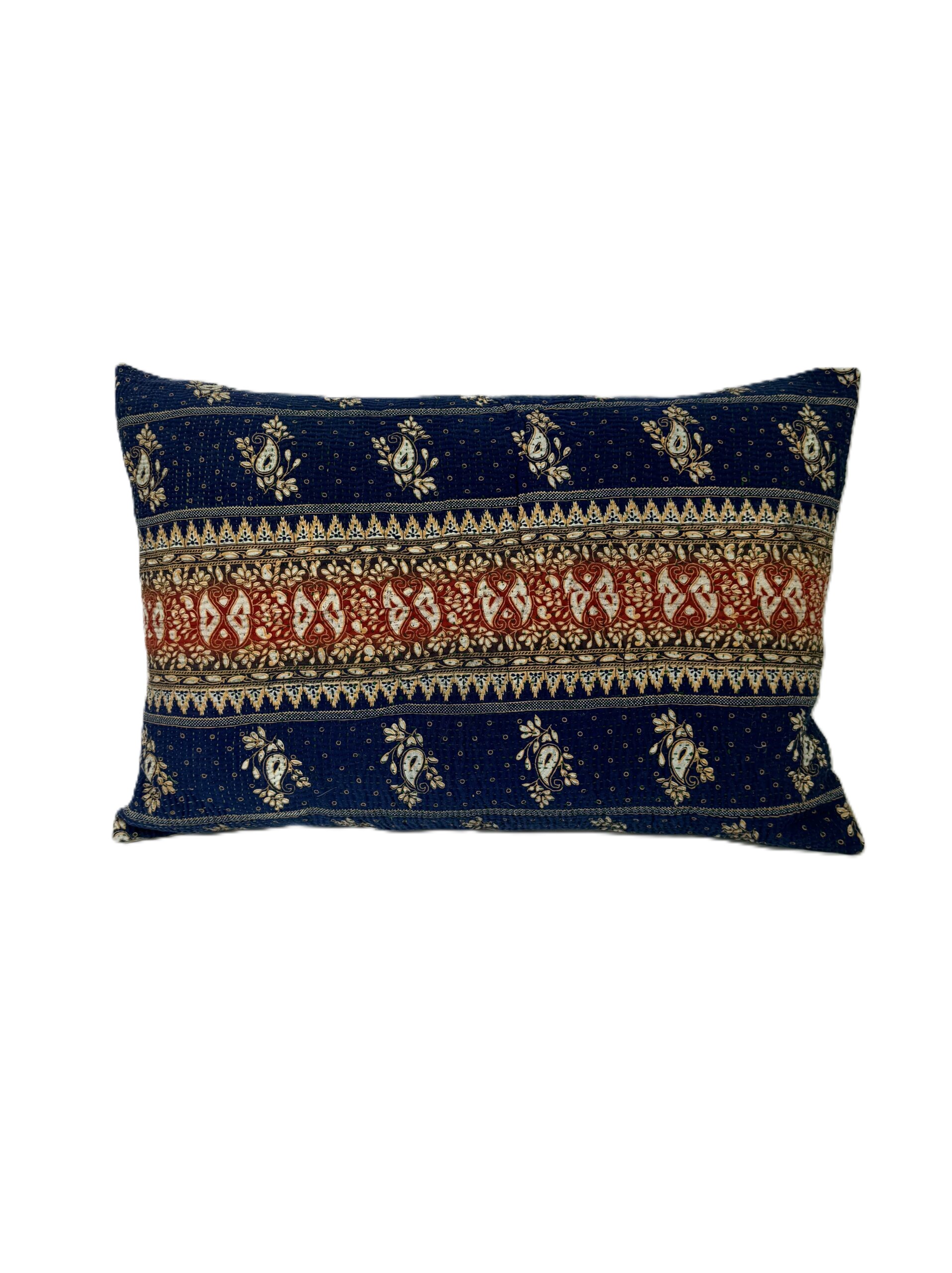 Exquisite vintage Kantha cushion featuring authentic hand-stitched Indian embroidery, responsibly sourced and perfect as unique homeware.