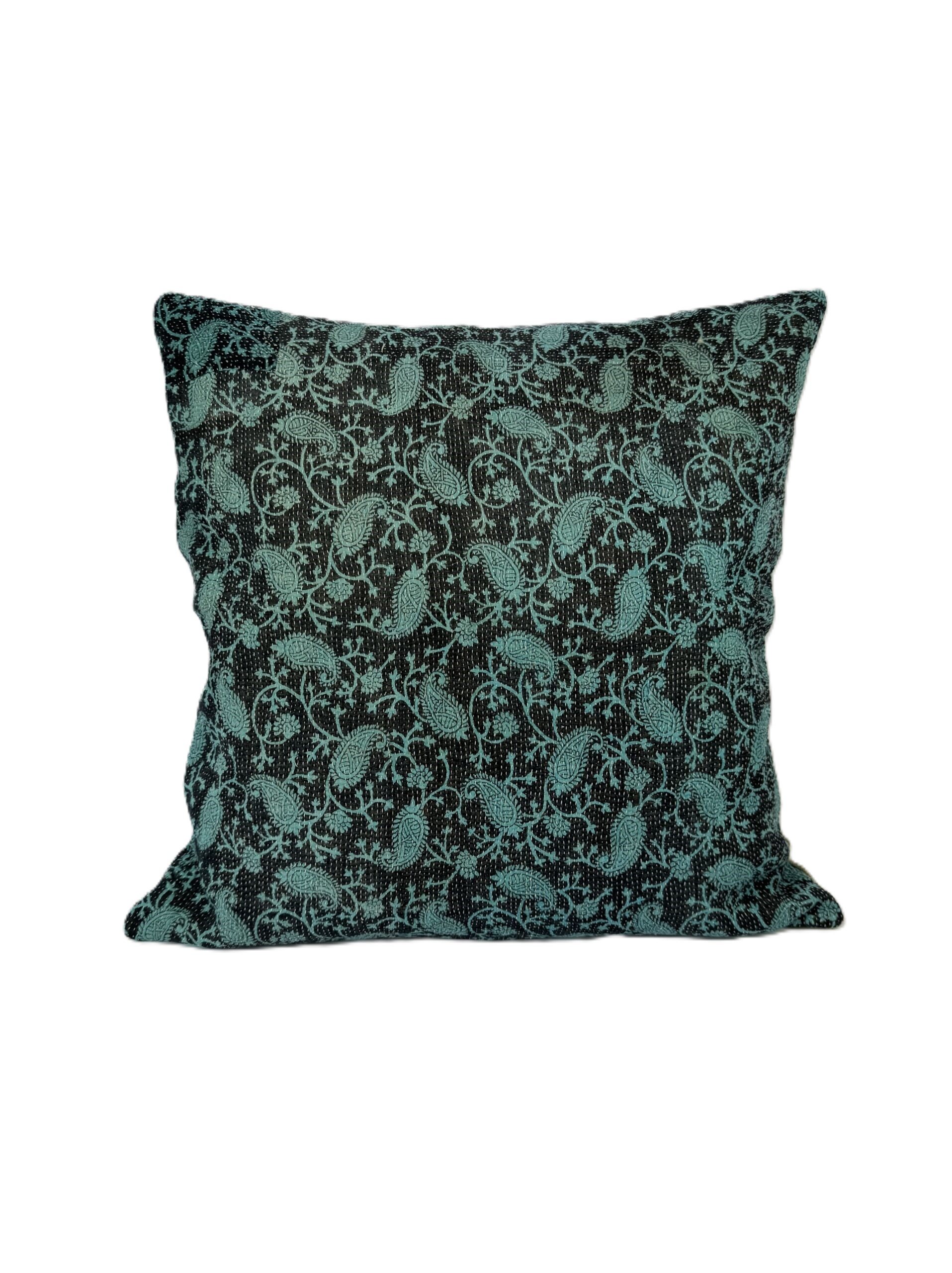 Exquisite vintage Kantha cushion featuring authentic hand-stitched Indian embroidery, responsibly sourced and perfect as unique homeware.
