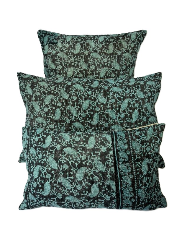 Exquisite vintage Kantha cushion featuring authentic hand-stitched Indian embroidery, responsibly sourced and perfect as unique homeware.