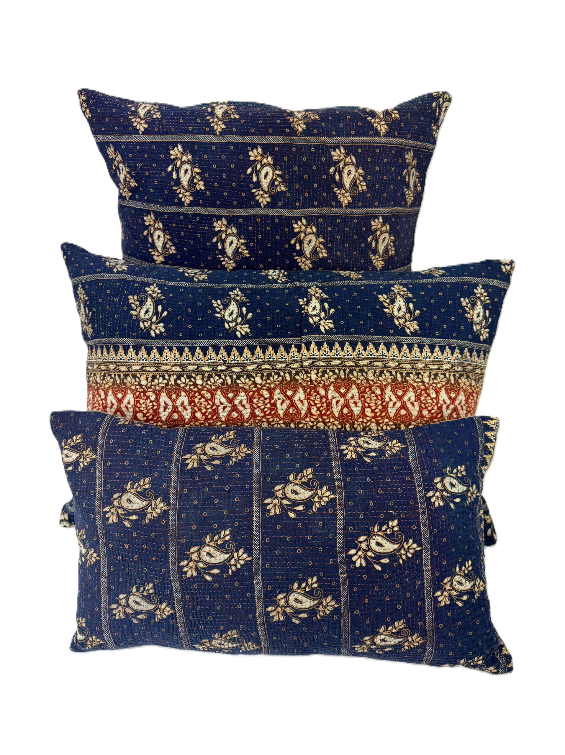 Exquisite vintage Kantha cushion featuring authentic hand-stitched Indian embroidery, responsibly sourced and perfect as unique homeware.